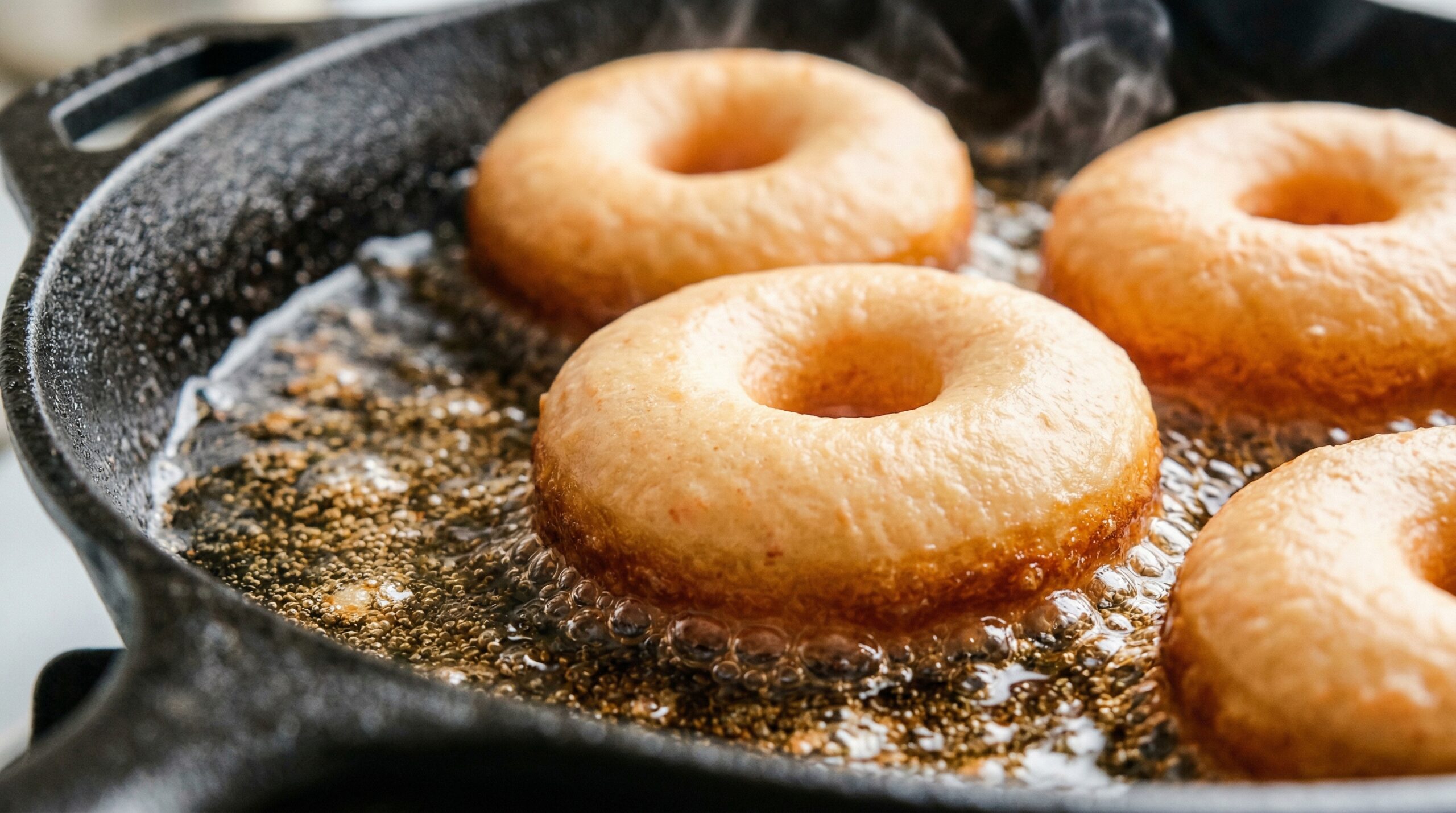 Macro detail of puffy rings of orange-tinted dough actively frying in a bubbling pool of hot canola oil