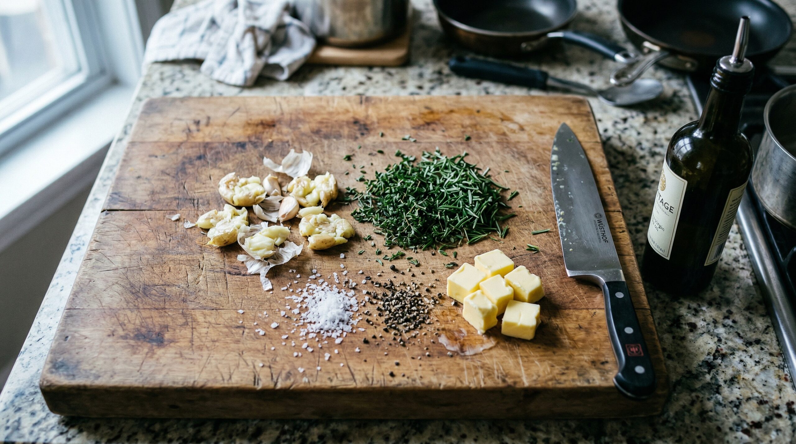 Smashed garlic cloves, fresh thyme, coarse sea salt, and small cubes of butter spread out in a deliberate compound on a heavy wooden cutting board