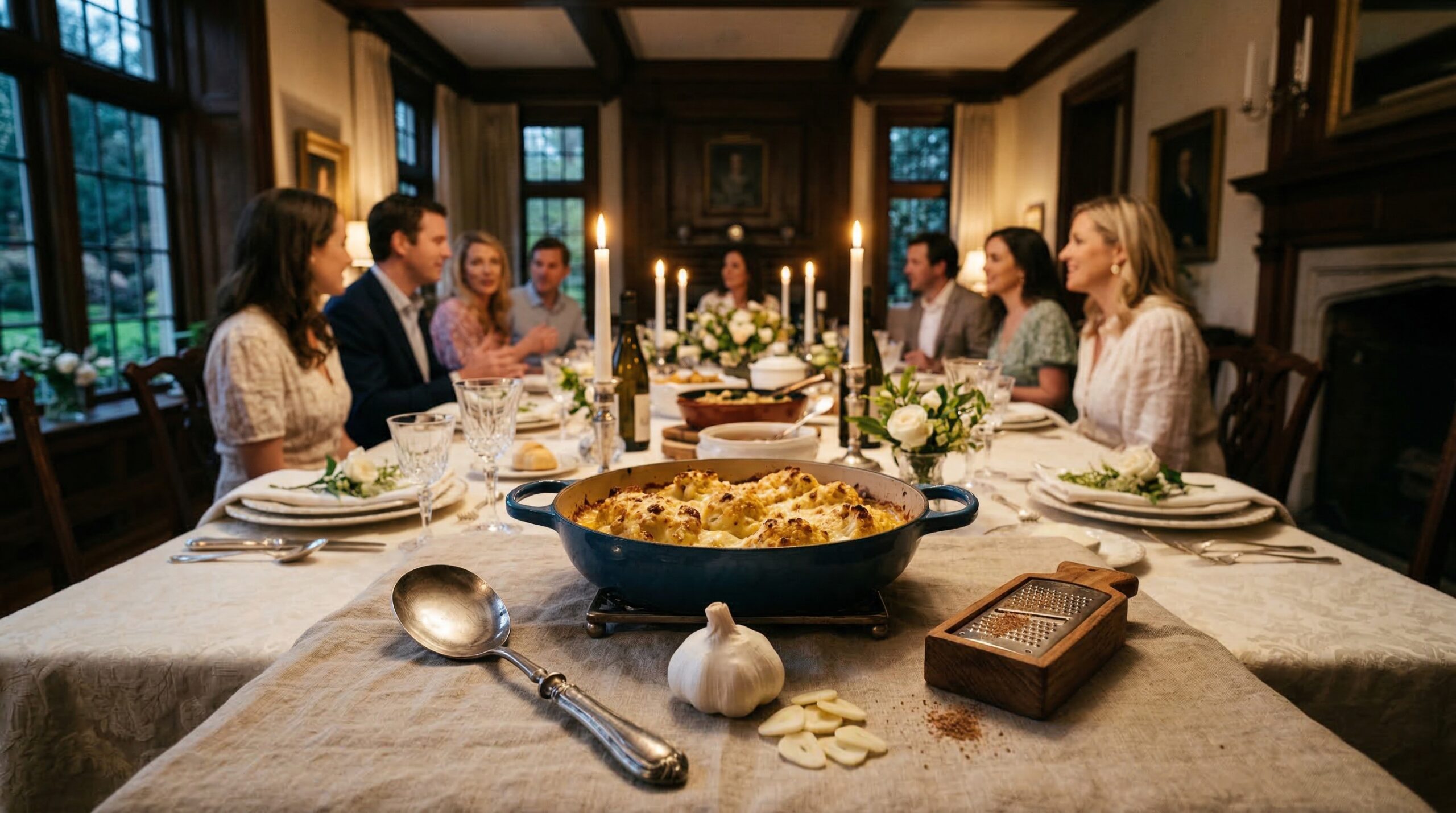 Early spring estate dinner for eight featuring golden-brown cheesy roasted cauliflower and glowing taper candles