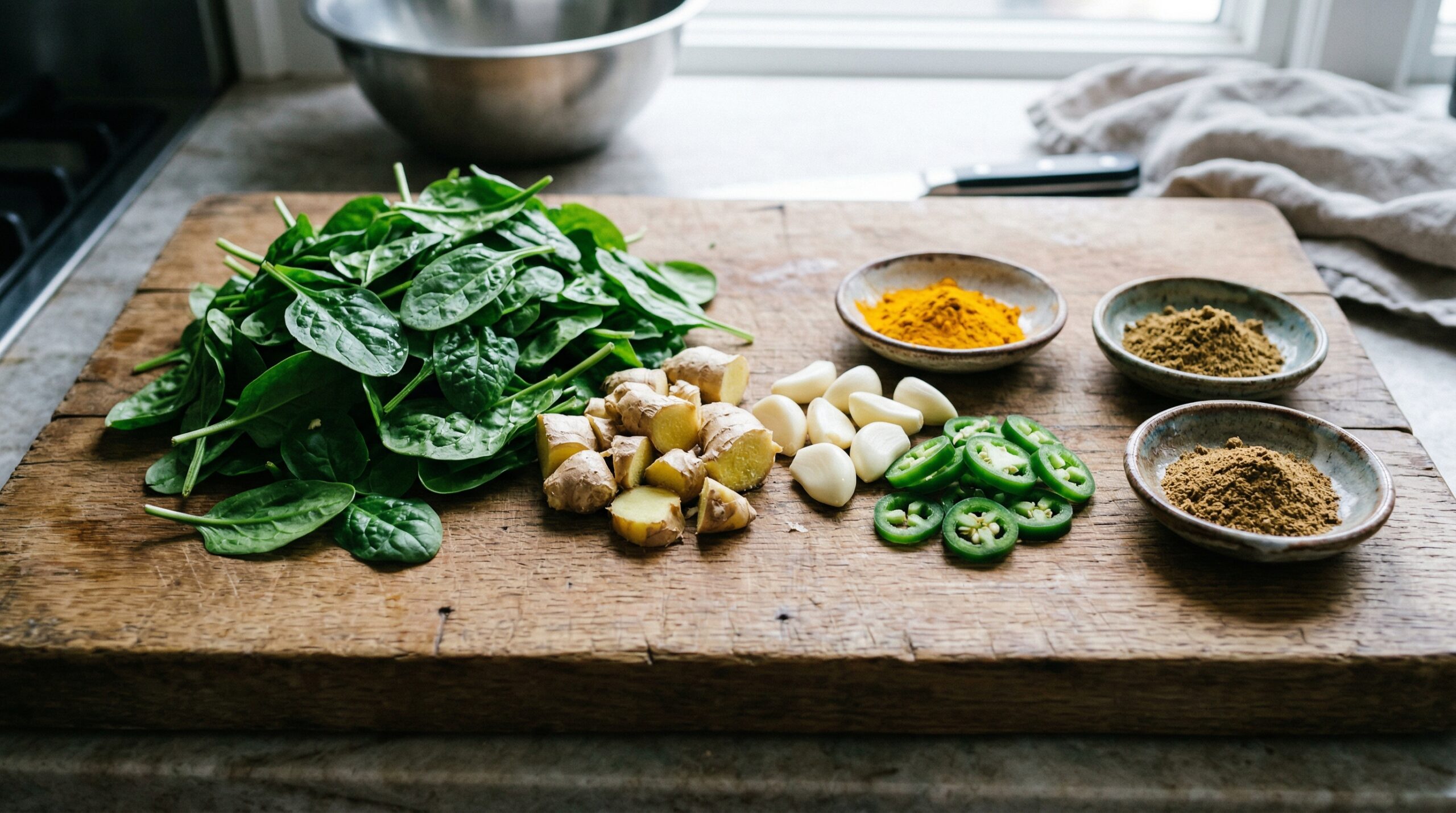 Fresh baby spinach, rough-chopped ginger, peeled garlic cloves, and bright yellow turmeric resting on a heavy wooden prep board