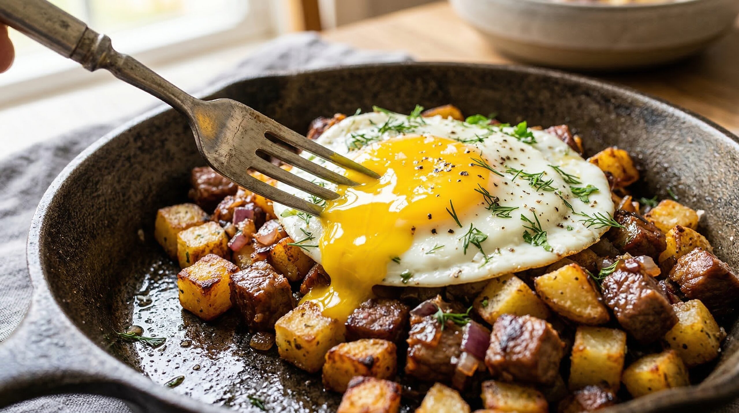 Close-up of a fork breaking into a perfectly cooked glazed egg atop crispy hash