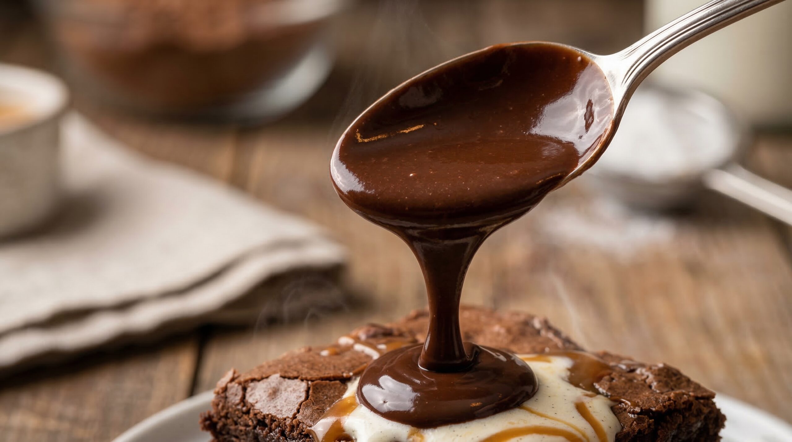Thick, warm dark chocolate fudge sauce being poured from a silver spoon