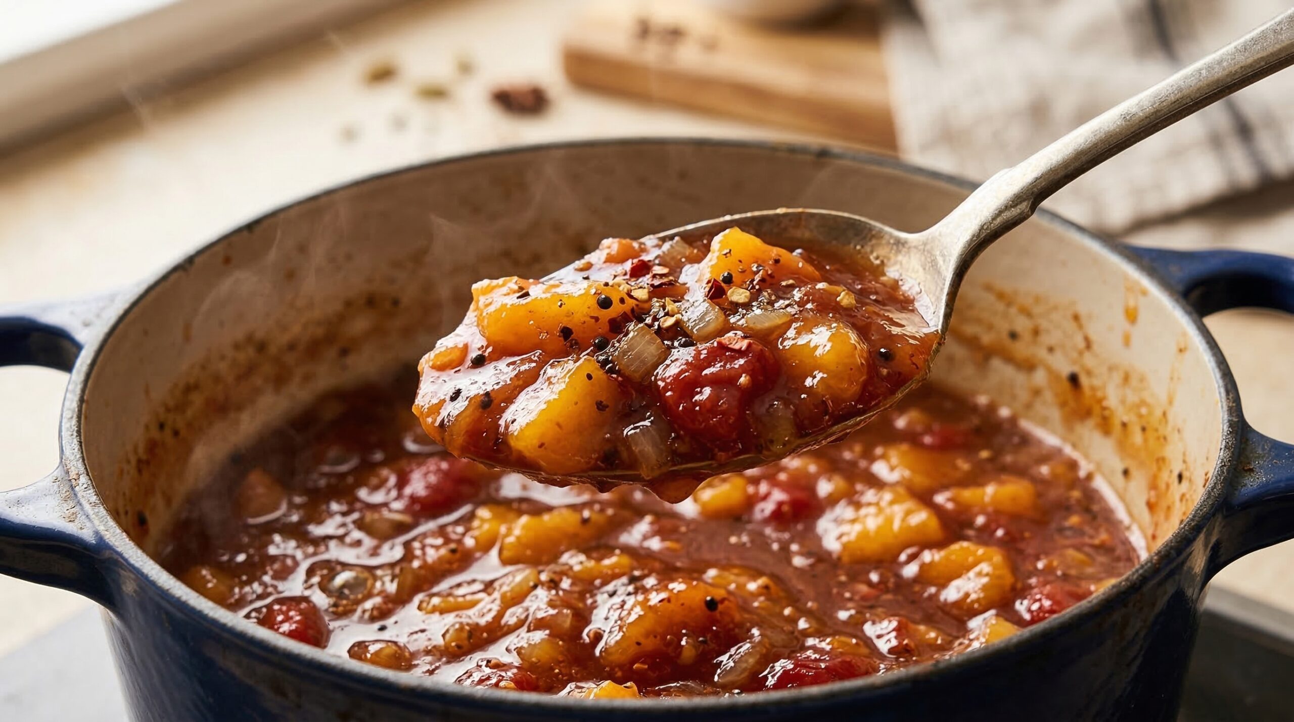A silver spoon lifting a glossy scoop of simmering peach and tomato chutney from an enameled pot