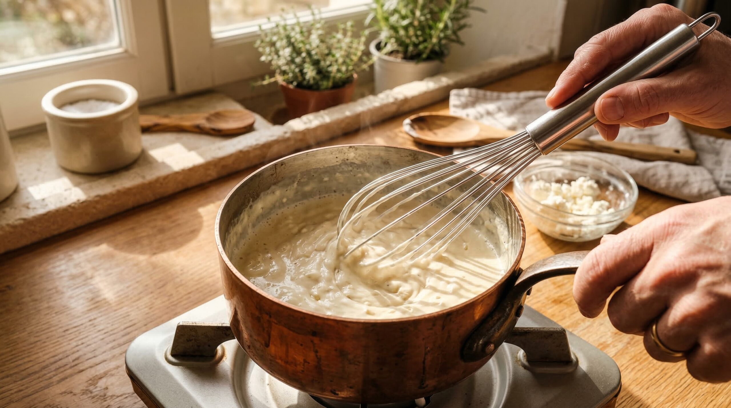 Warm, creamy goat cheese and heavy cream sauce being whisked in a copper saucepan