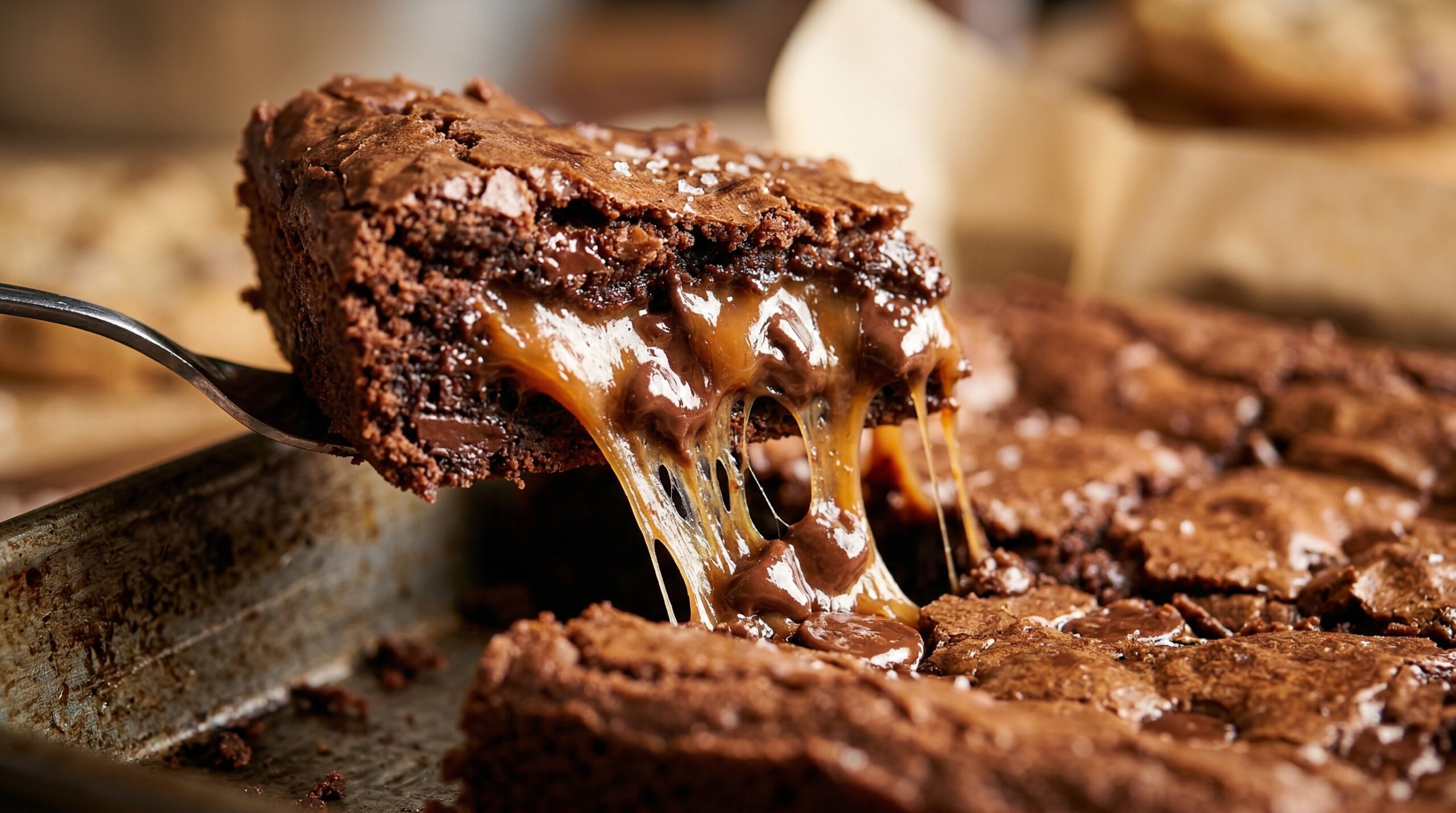 Macro detail of a gooey caramel center stretching between cookie and brownie layers