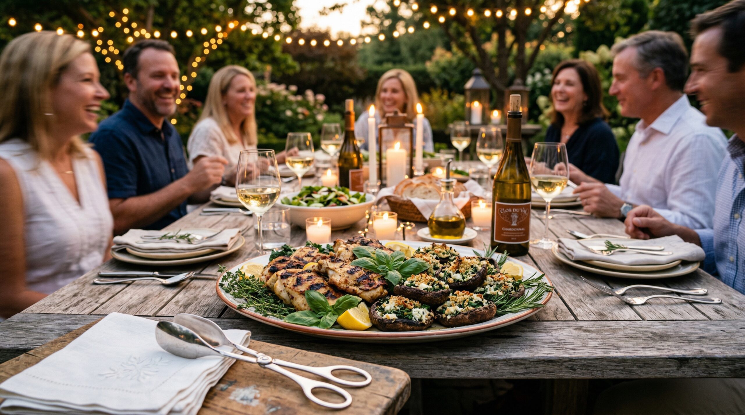 An elegant, outdoor summer evening setup for a party of eight featuring a beautifully composed platter of grilled chicken and stuffed Portobellos