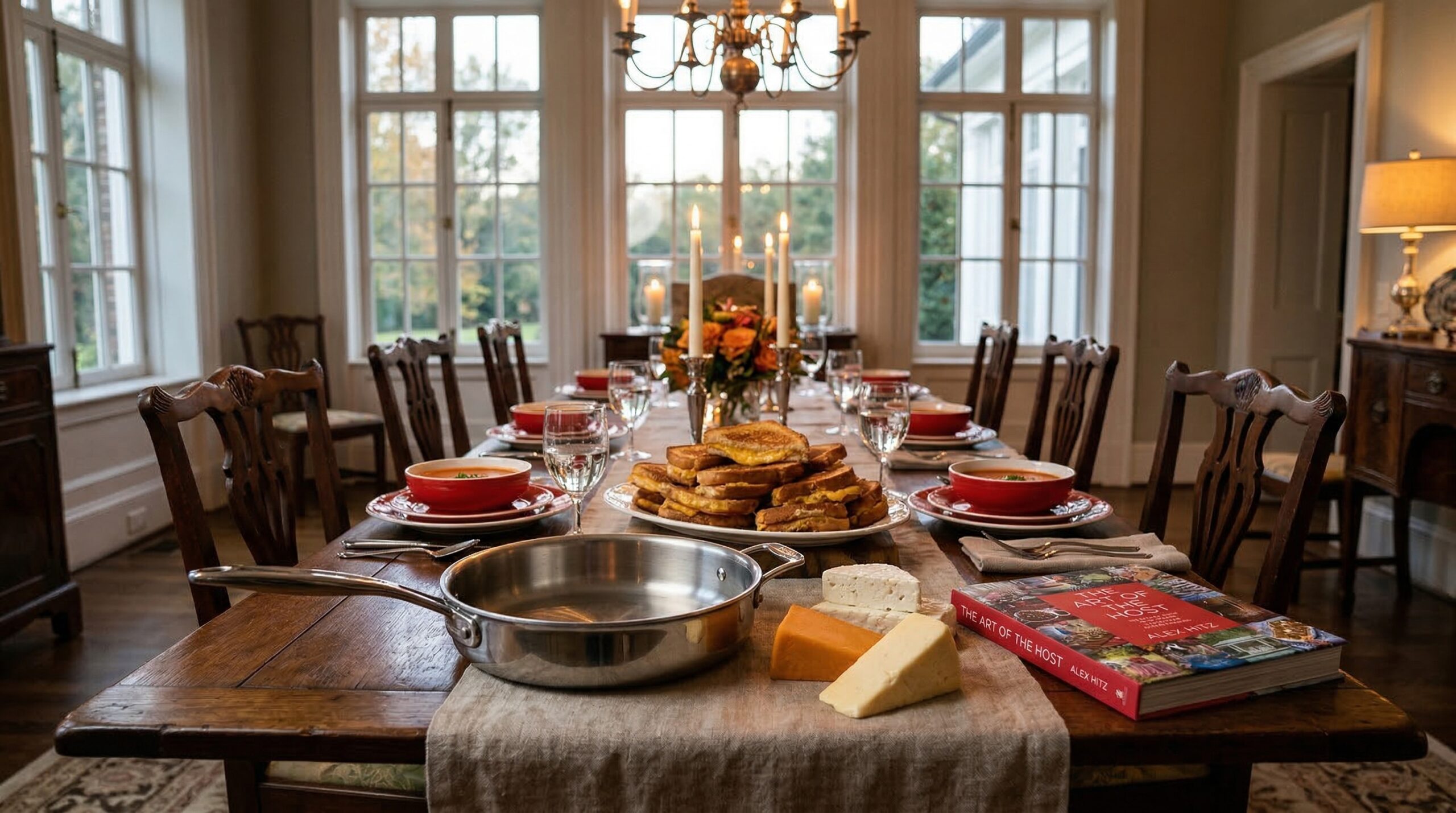 Cozy fall estate dinner for eight featuring vibrant tomato soup and golden grilled cheese sandwiches