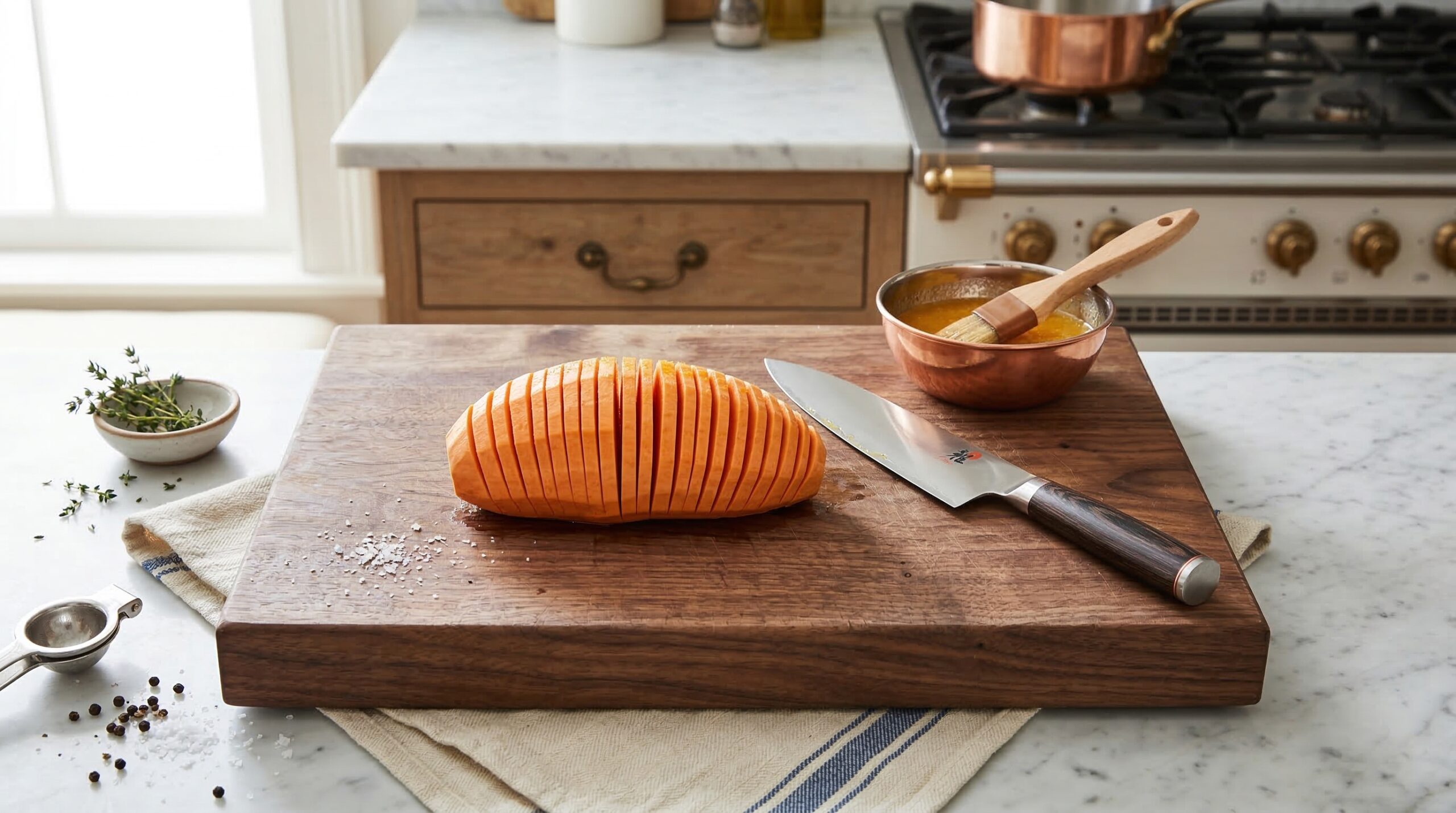 Precise, uniform slicing of a sweet potato utilizing a physical barrier for consistency