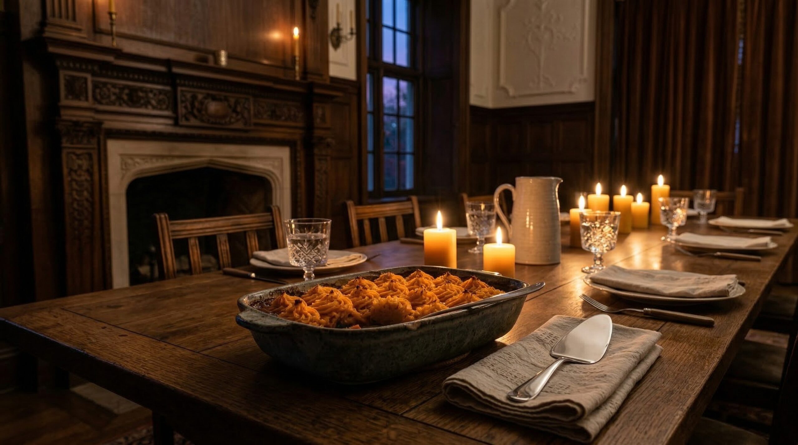Intimate, low-lit estate dining room at dusk with a centerpiece of Shepherd's Pie and glowing candles