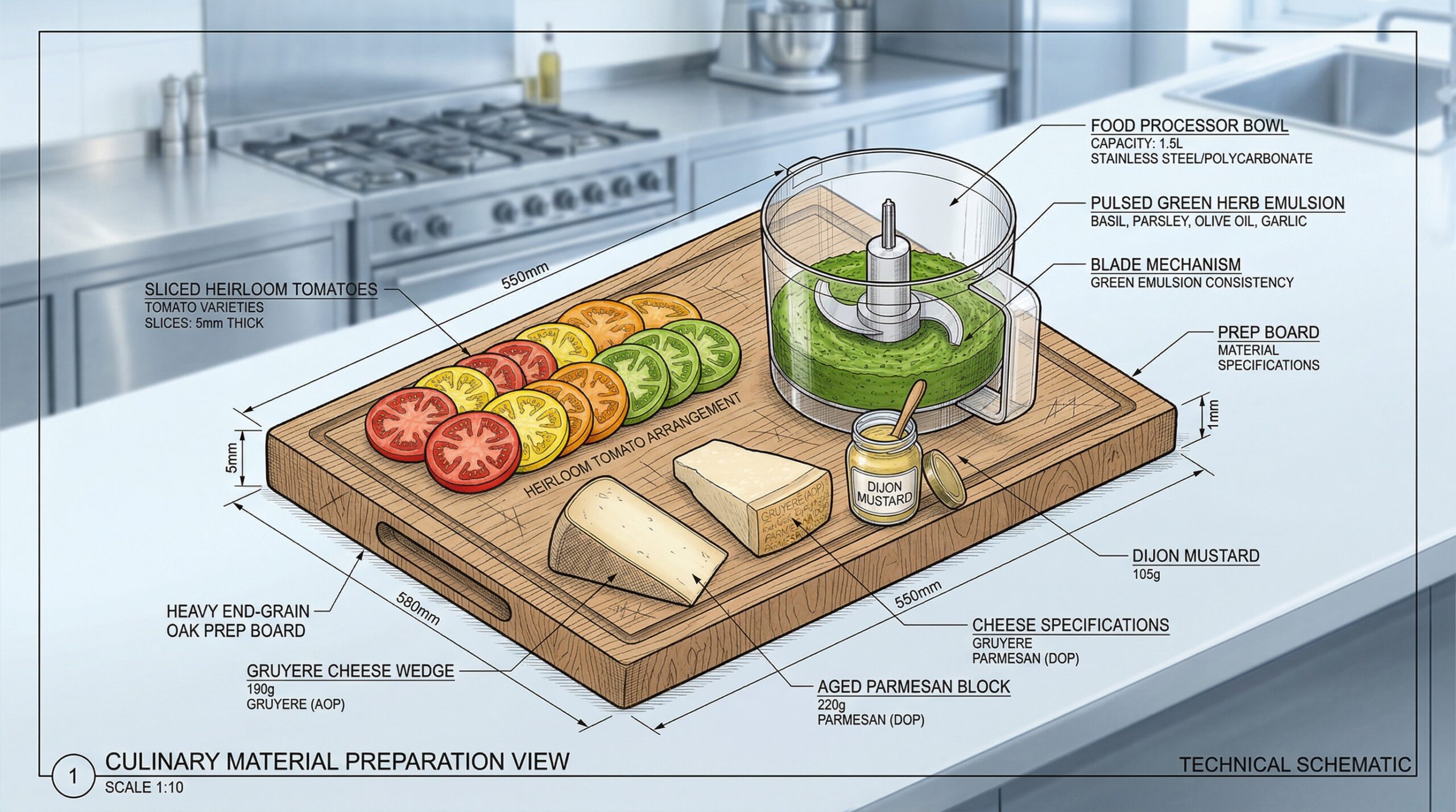 Vibrant slices of multi-colored heirloom tomatoes arranged next to a food processor bowl filled with a green herb and olive oil emulsion