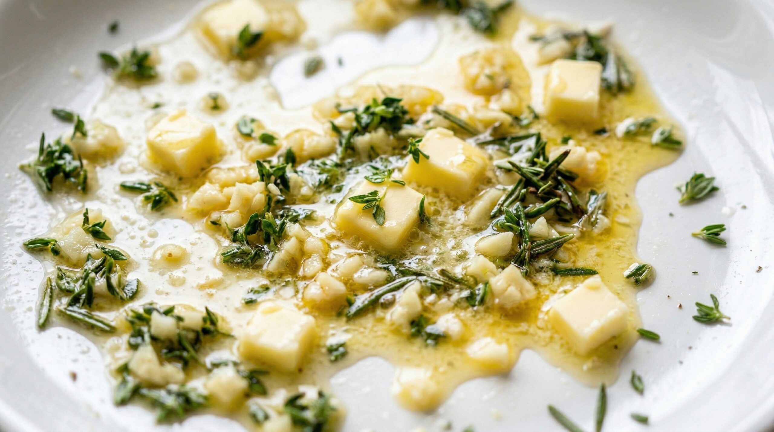 Macro detail of small cubes of melting butter, minced garlic, and fresh thyme pooling on a hot ceramic serving platter