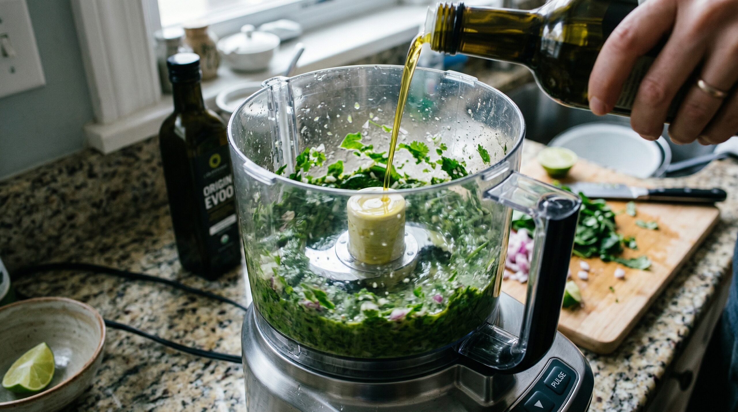 Vibrant green spinach, fresh cilantro, and red onions being pulsed together with golden olive oil in a food processor