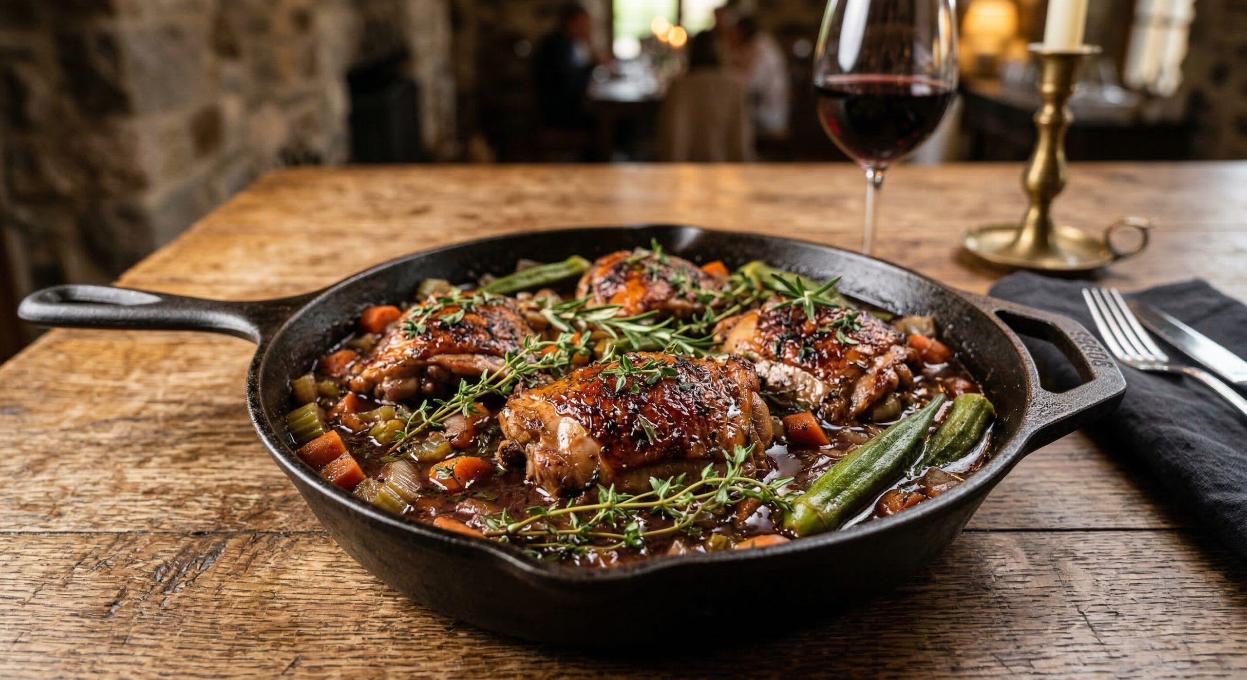 Heritage braised chicken thighs simmering in a rich red wine and beef broth reduction with okra and root vegetables, served in a rustic cast-iron skillet.