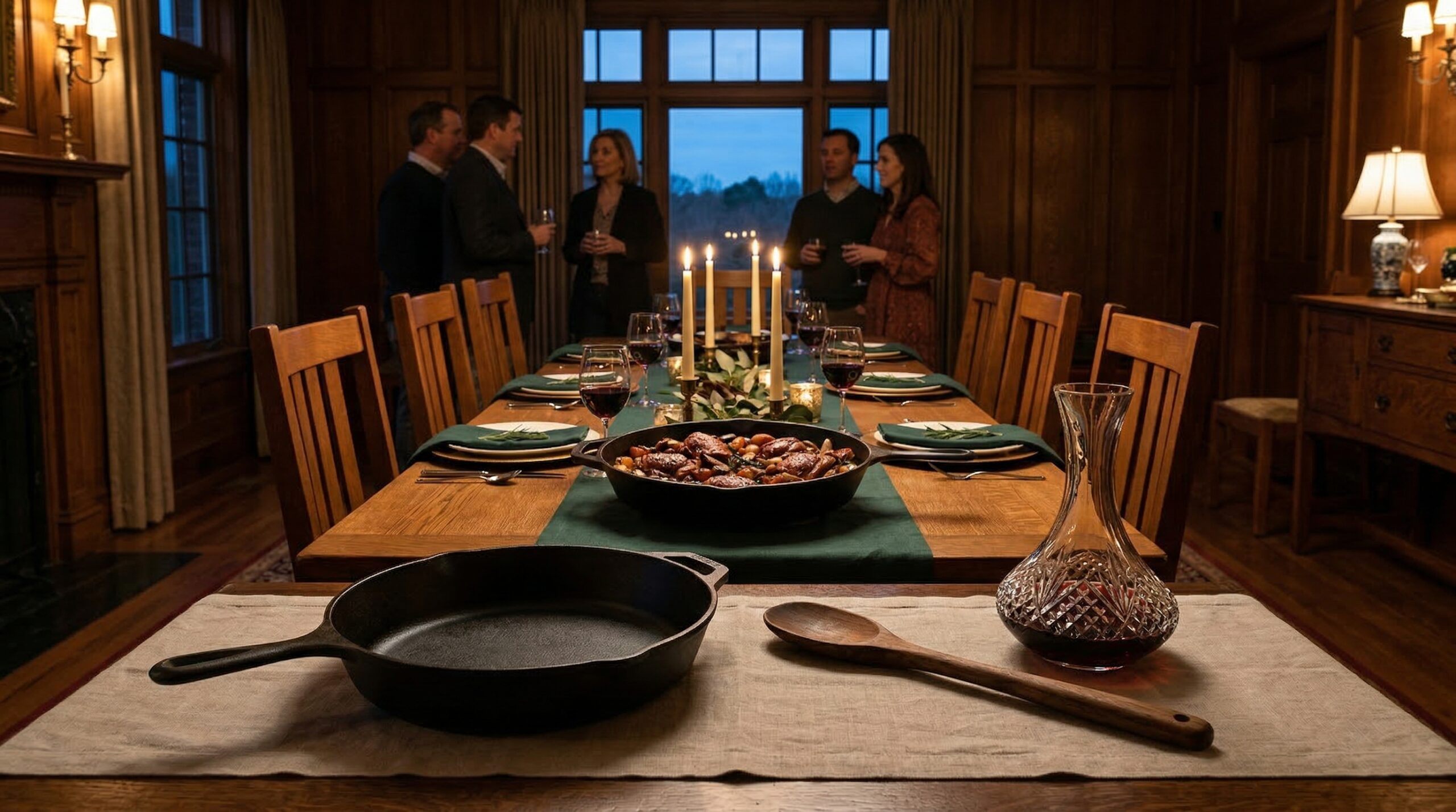 Intimate evening supper for eight featuring a cast-iron skillet of braised chicken thighs and glowing candles