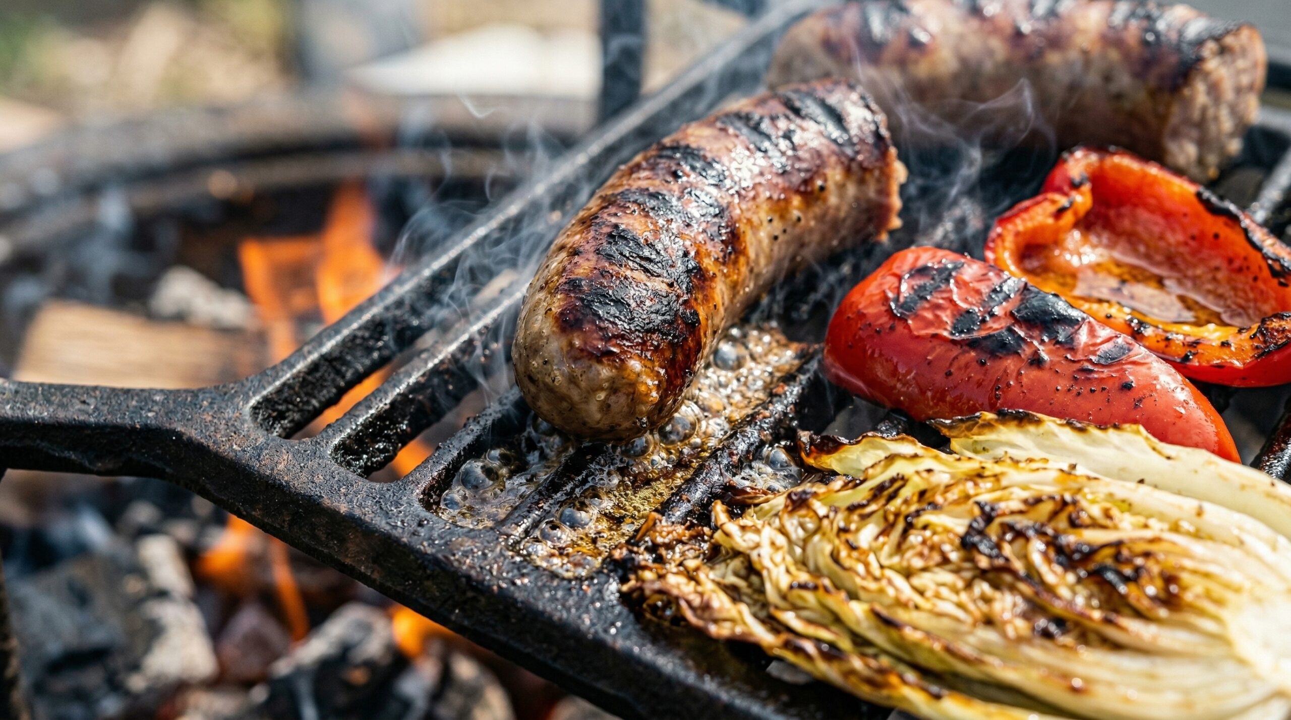 Macro detail of thickly sliced bratwurst sausages, red bell peppers, and wedges of Napa cabbage actively searing on heavy cast-iron grill grates