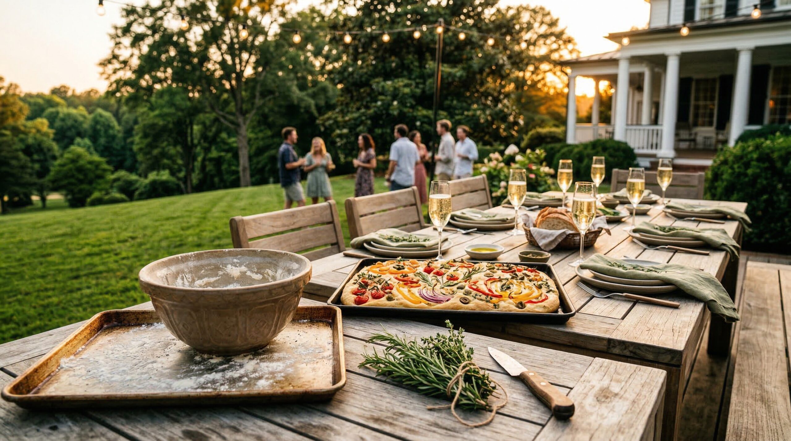 Estate terrace gathering for eight at golden hour featuring a colorful garden focaccia and prosecco