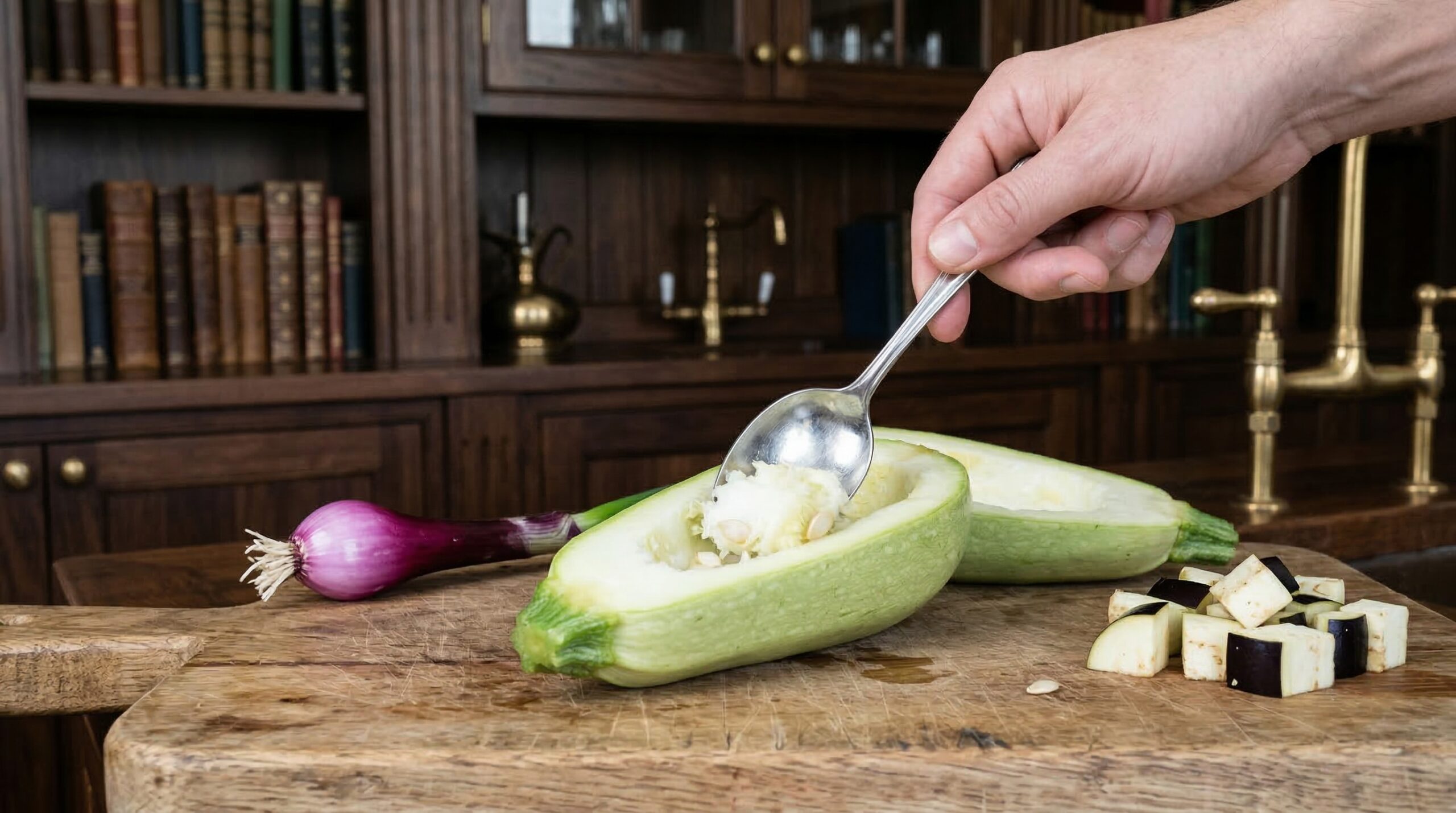 The technical process of carefully hollowing out cousa squash boats with a spoon