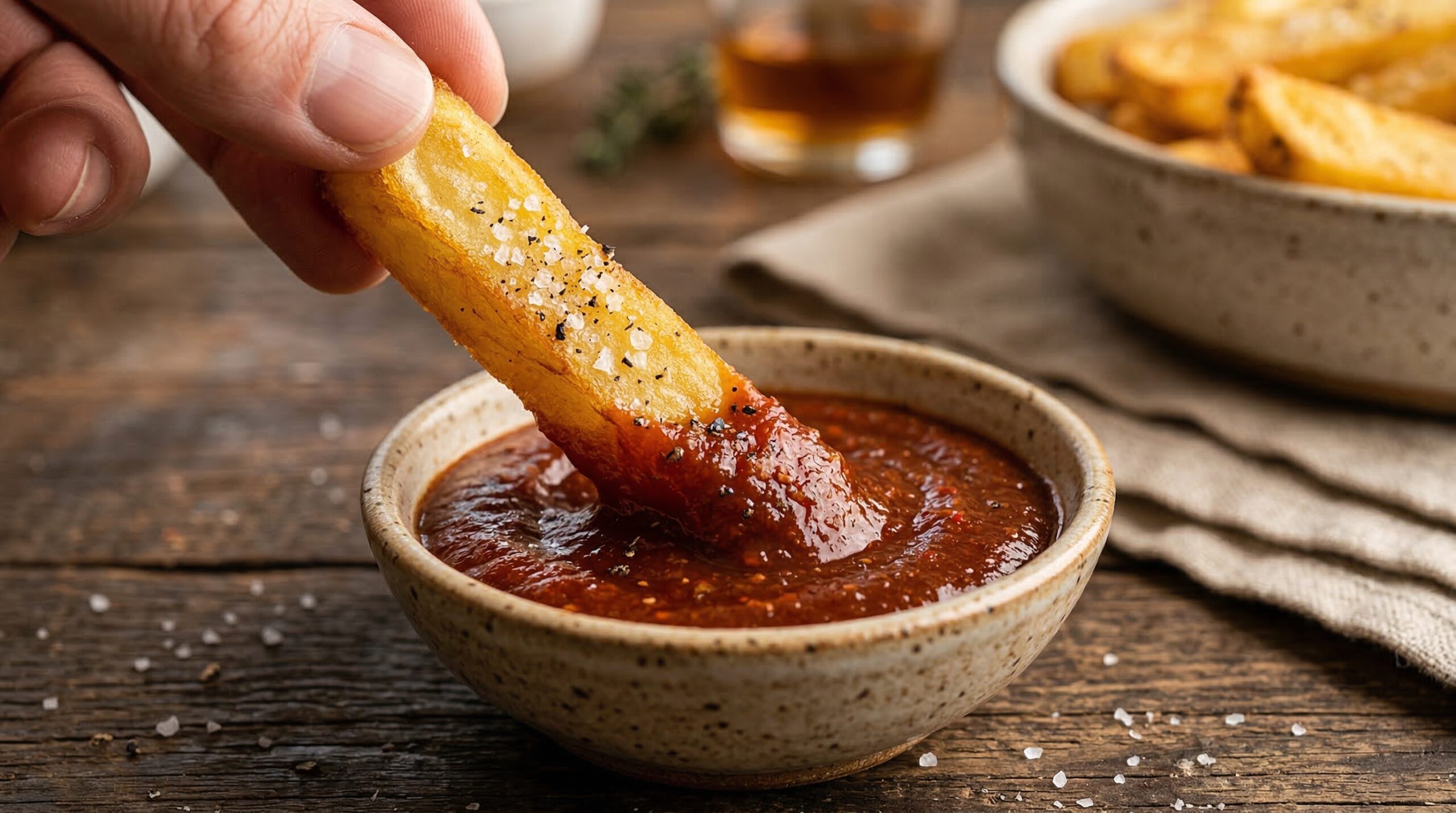 Close up of a golden crisp french fry dipped in homemade ketchup