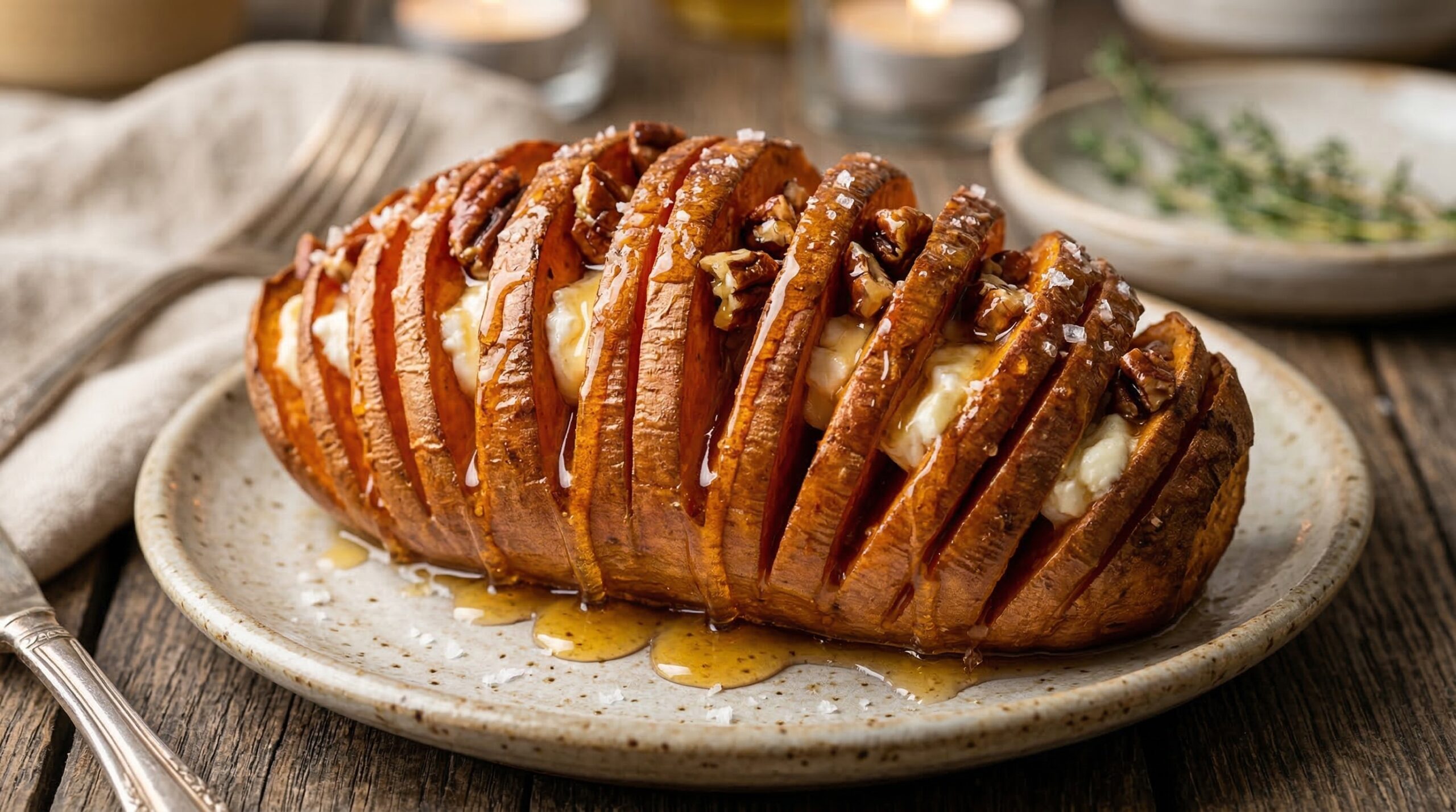 Macro detail of honey and goat cheese glaze dripping into Hasselback sweet potato cuts