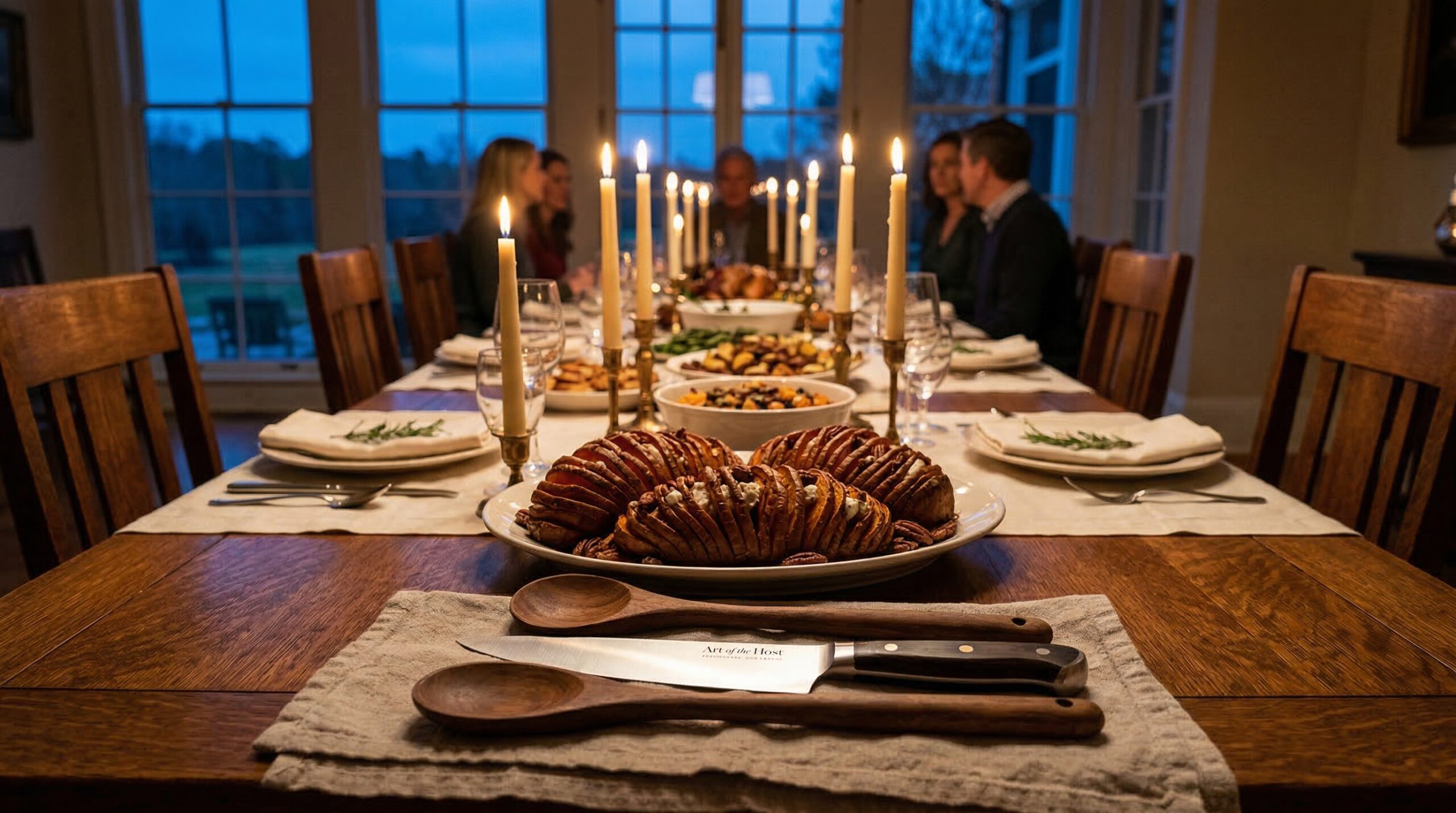 Holiday harvest supper for eight featuring Hasselback sweet potatoes and warm candlelight