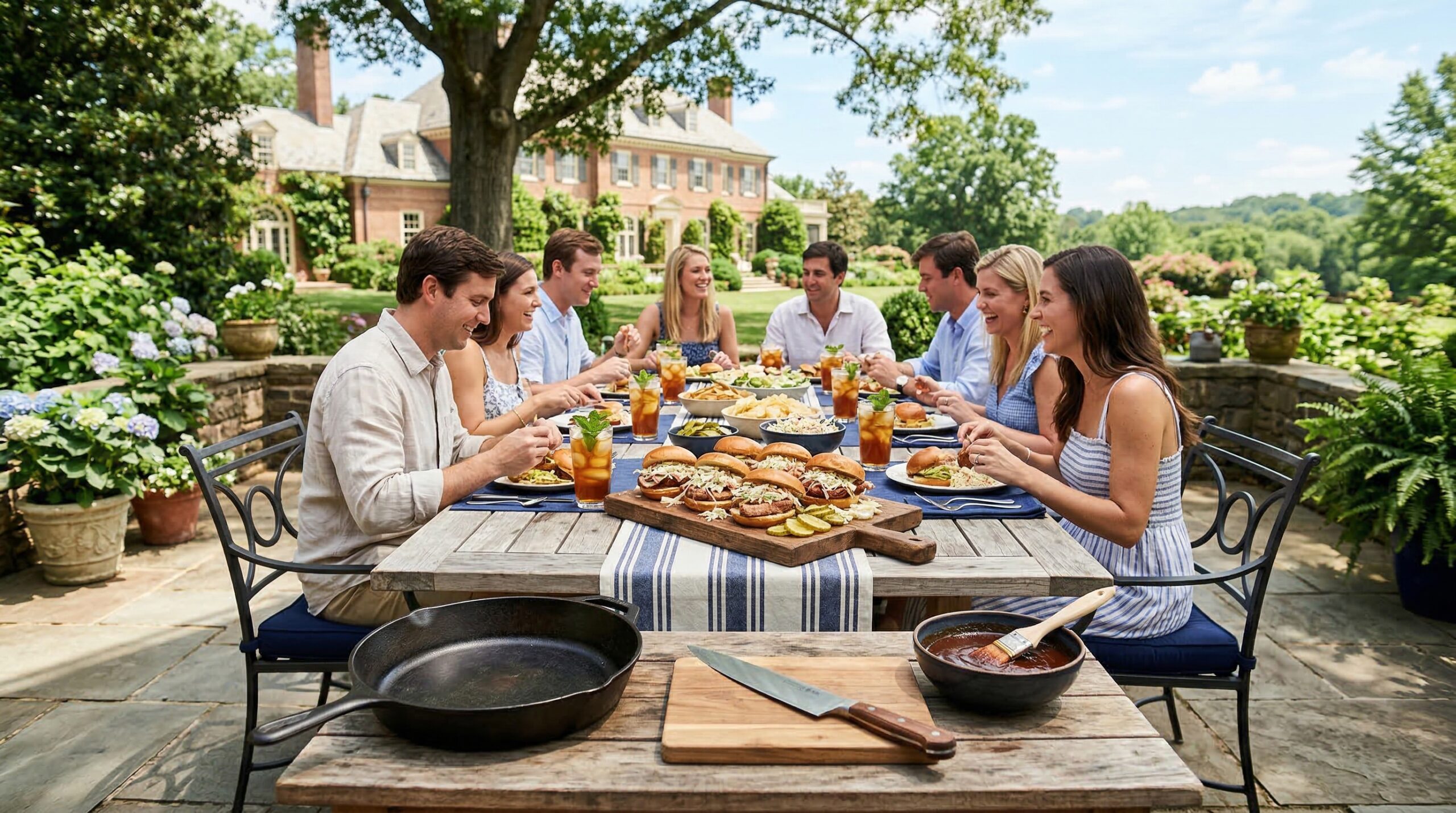 Abundant Southern 'Sammie' lunch for eight on an estate terrace featuring slow-roasted pork and iced tea