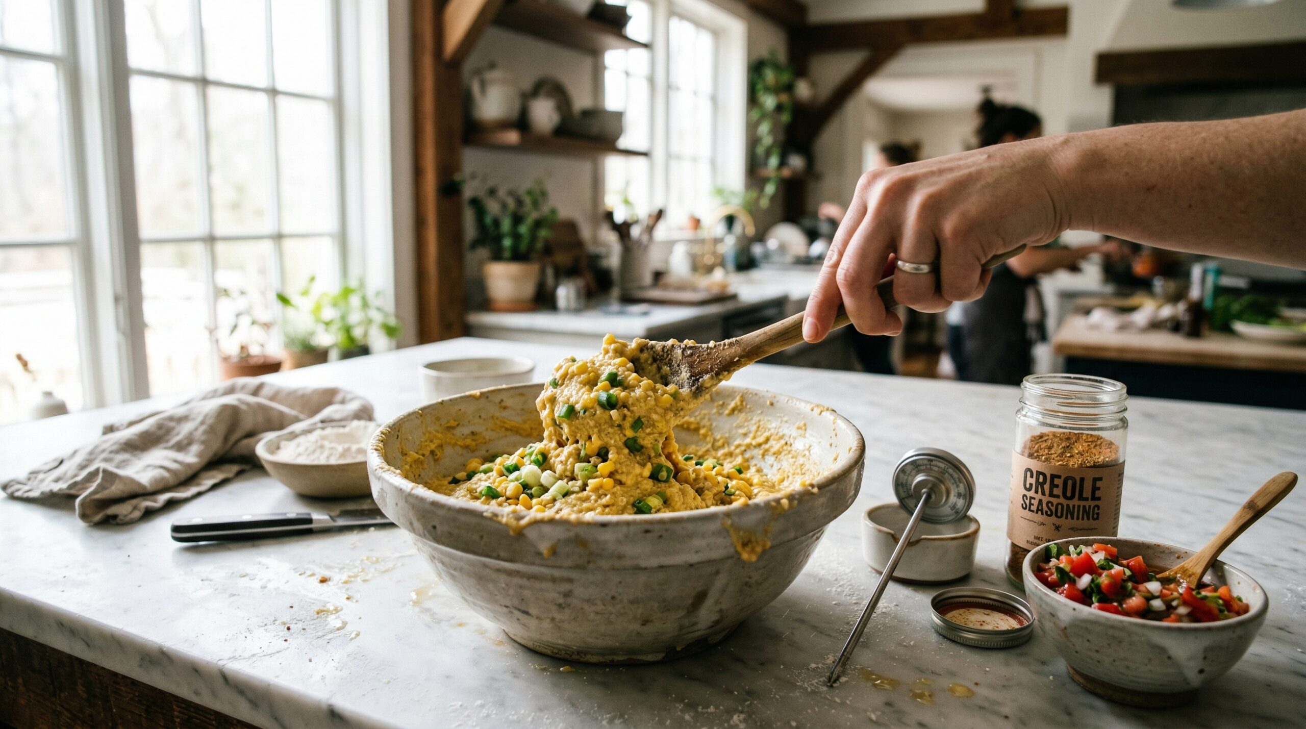 Technical preparation of cornmeal hushpuppy batter featuring fresh corn and green onions