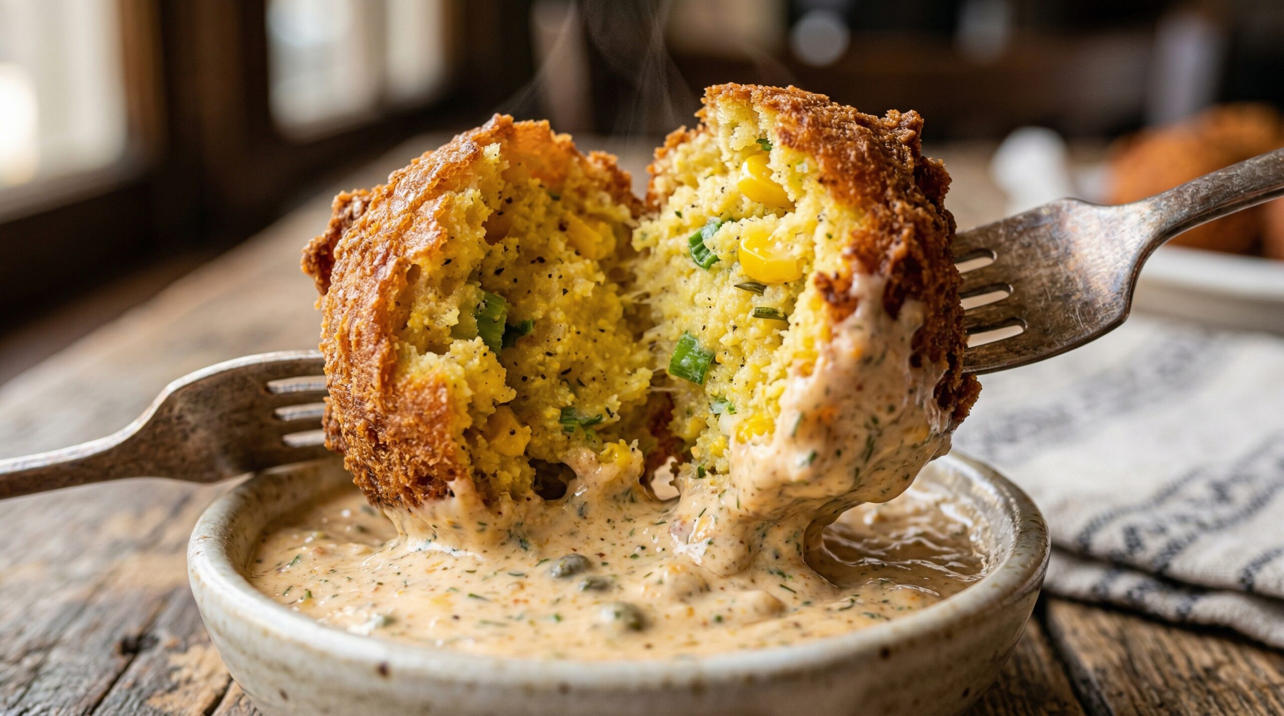 Macro detail of a broken hushpuppy revealing a moist corn interior being dredged in creamy remoulade