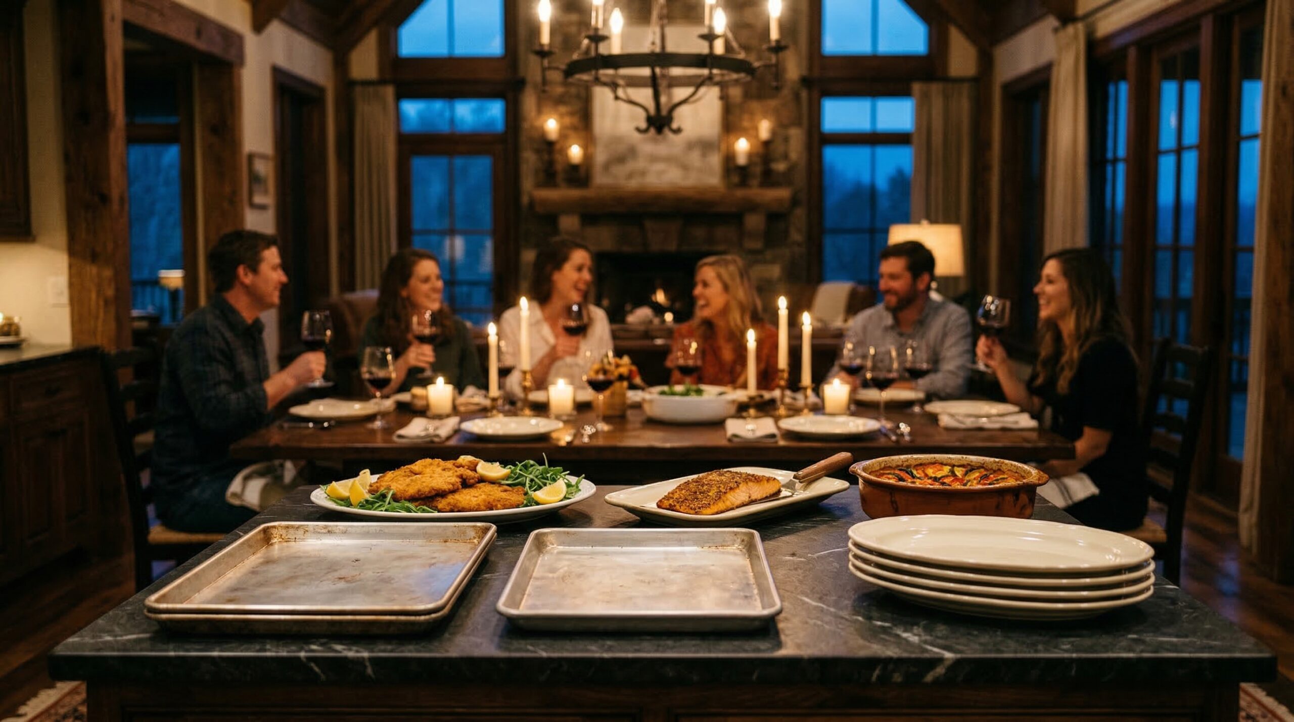 Cozy mountain evening dinner party for eight featuring multi-course service and warm ambient light