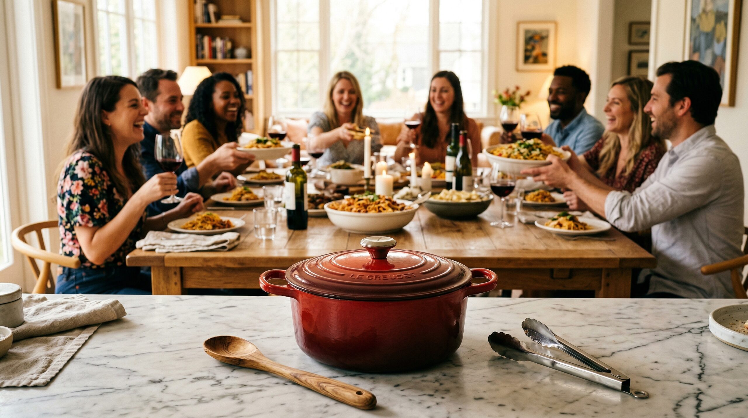 A heavy enameled cast-iron Dutch oven in sharp focus in the foreground, with a blurred background showing a party of eight laughing around a rustic dining table