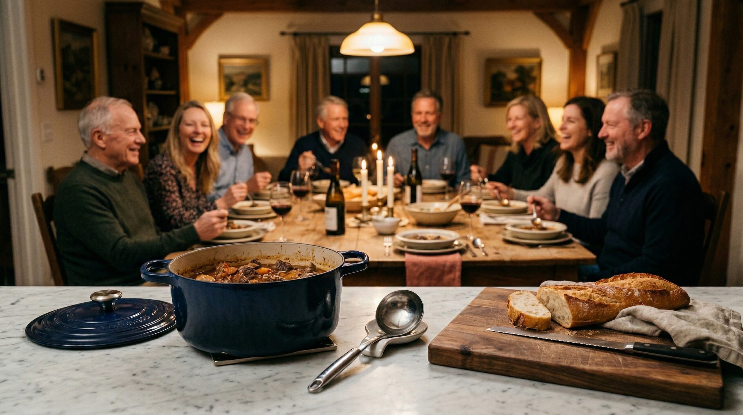 A heavy enameled cast-iron Dutch oven and a professional stainless steel ladle in sharp focus in the foreground, with a warmly lit dining room gathering blurred in the background
