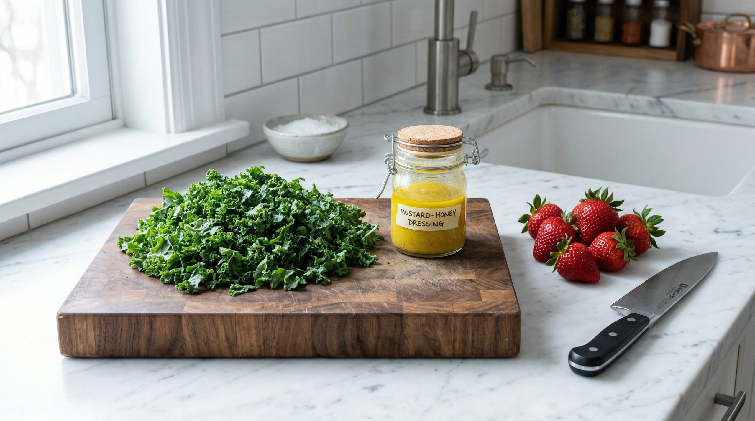 A heavy wooden prep board holding dark, leafy green chopped kale next to a bright yellow emulsion of olive oil, Dijon mustard, and honey