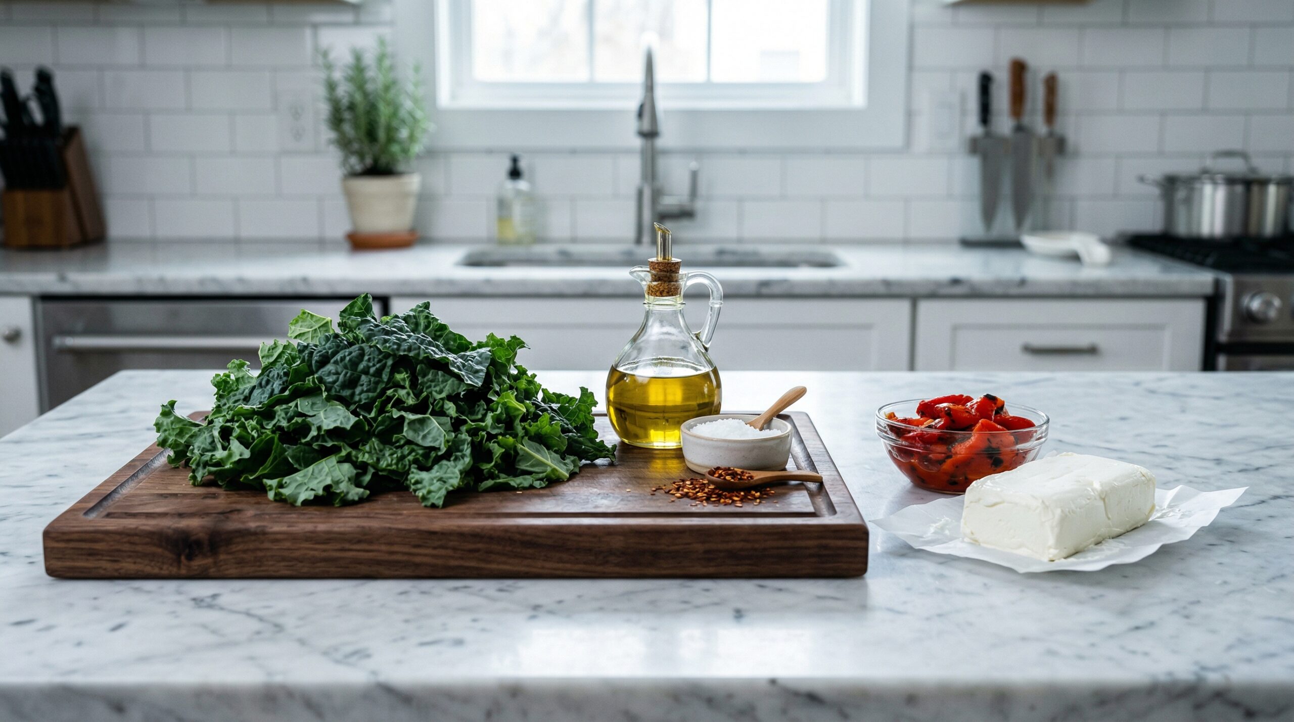 Deep green torn kale leaves resting on a heavy wooden prep board next to a small glass cruet of golden extra virgin olive oil and coarse sea salt