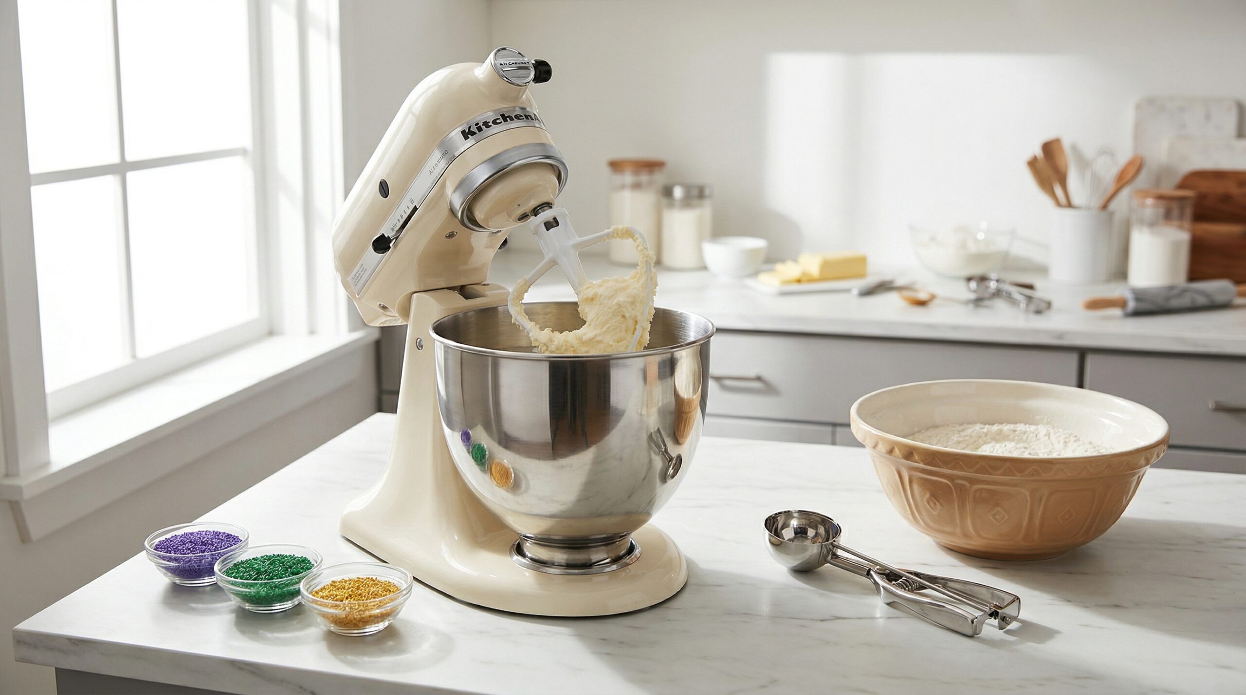 Technical preparation of King Cake cookie dough featuring electric mixing and vibrant sanding sugars