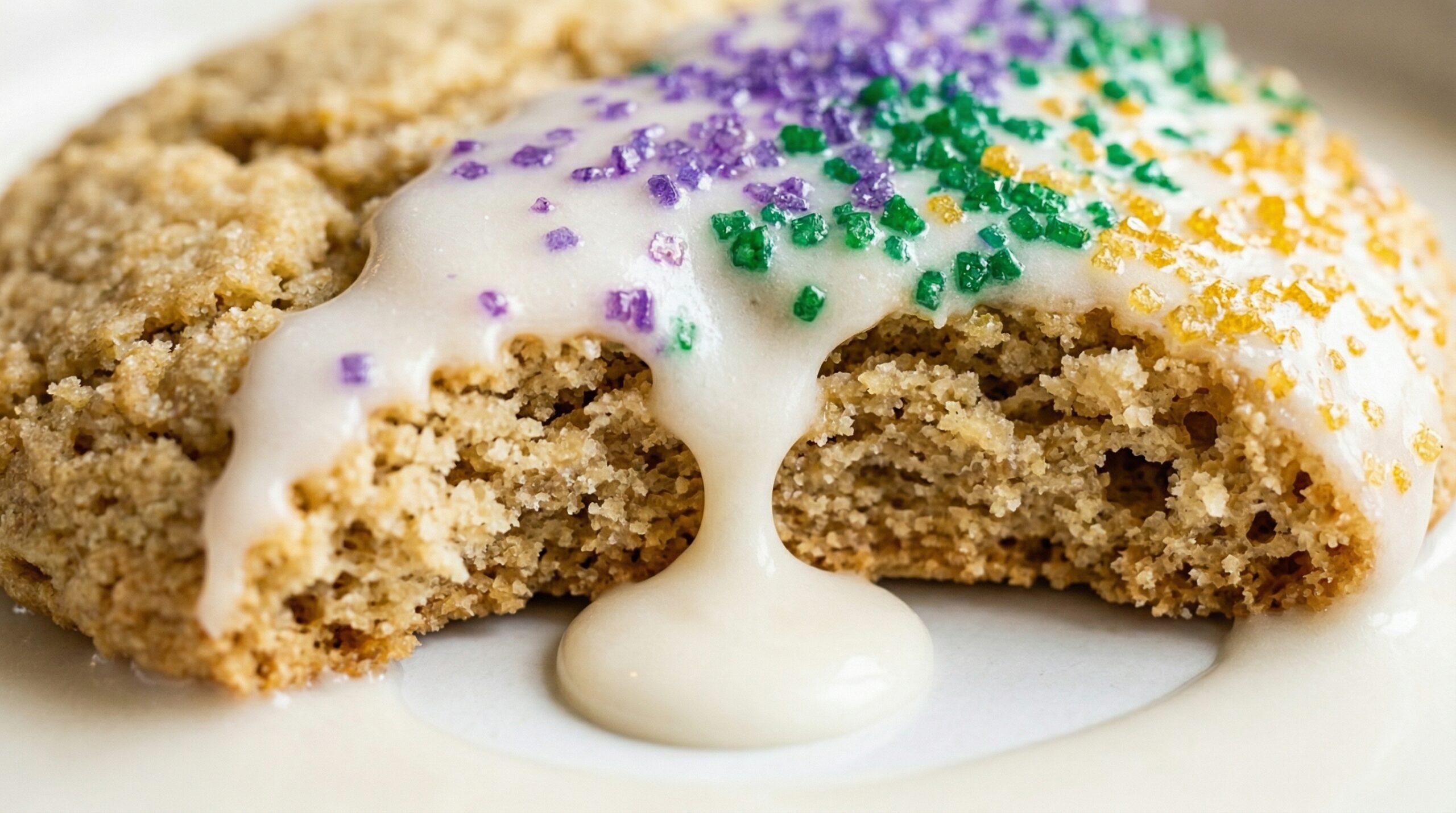 Macro detail of glossy white glaze and vibrant Carnival-colored sprinkles on a domed cookie