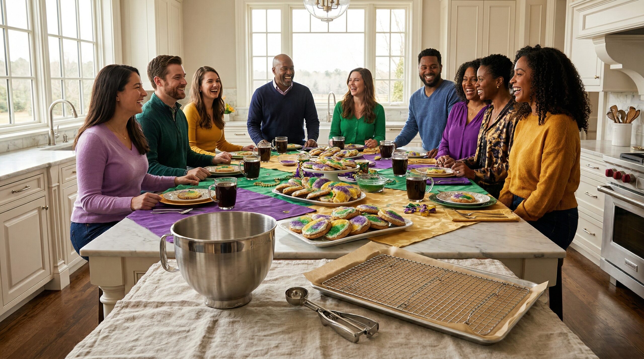 Festive Mardi Gras estate kitchen gathering for eight featuring platters of King Cake cookies and coffee