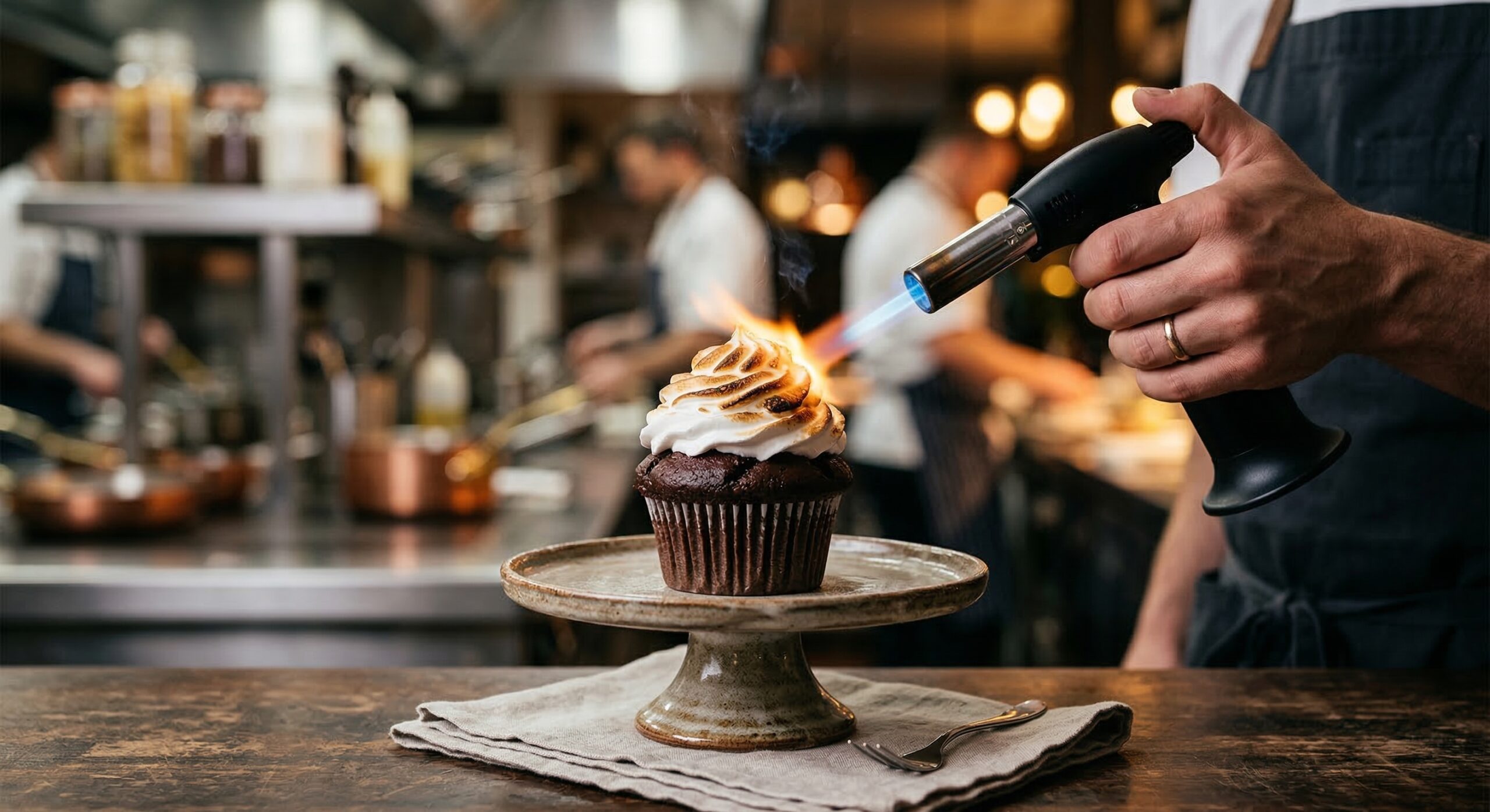 A high-end culinary kitchen torch toasting the mile-high marshmallow meringue on a chocolate S'mores cupcake.
