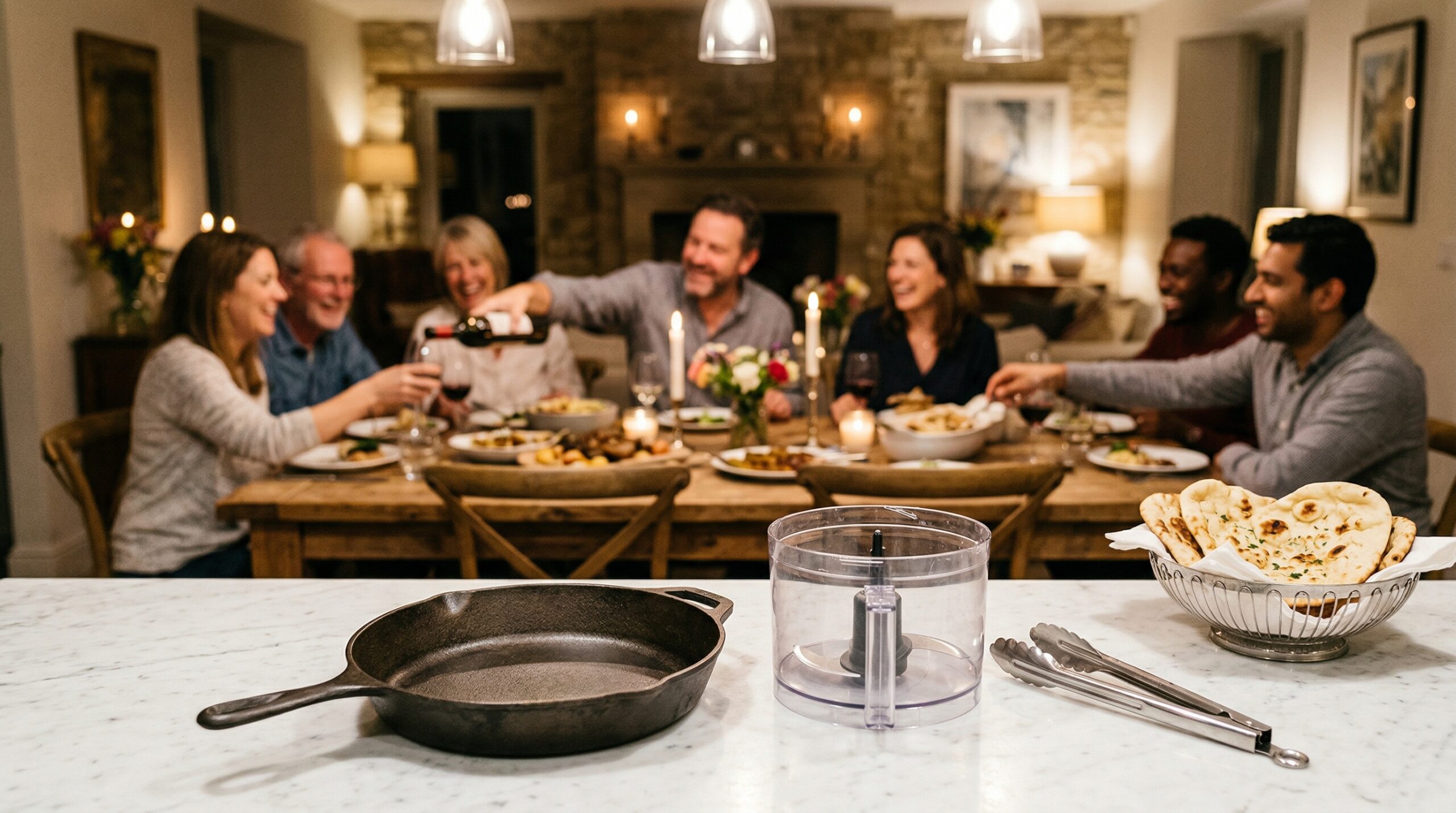A heavy cast-iron skillet, a food processor bowl, and silver meat tongs in sharp focus in the foreground, with a blurred background showing a cozy dining room gathering