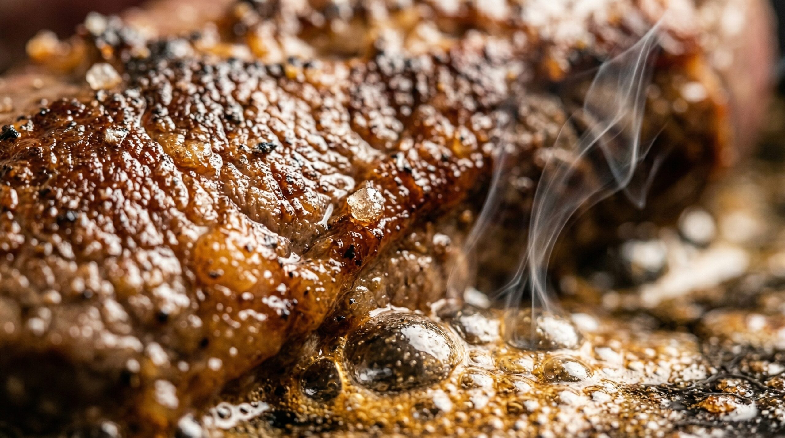 Macro detail of thick lamb tenderloins searing aggressively in a hot cast-iron skillet with a dark caramelized crust forming