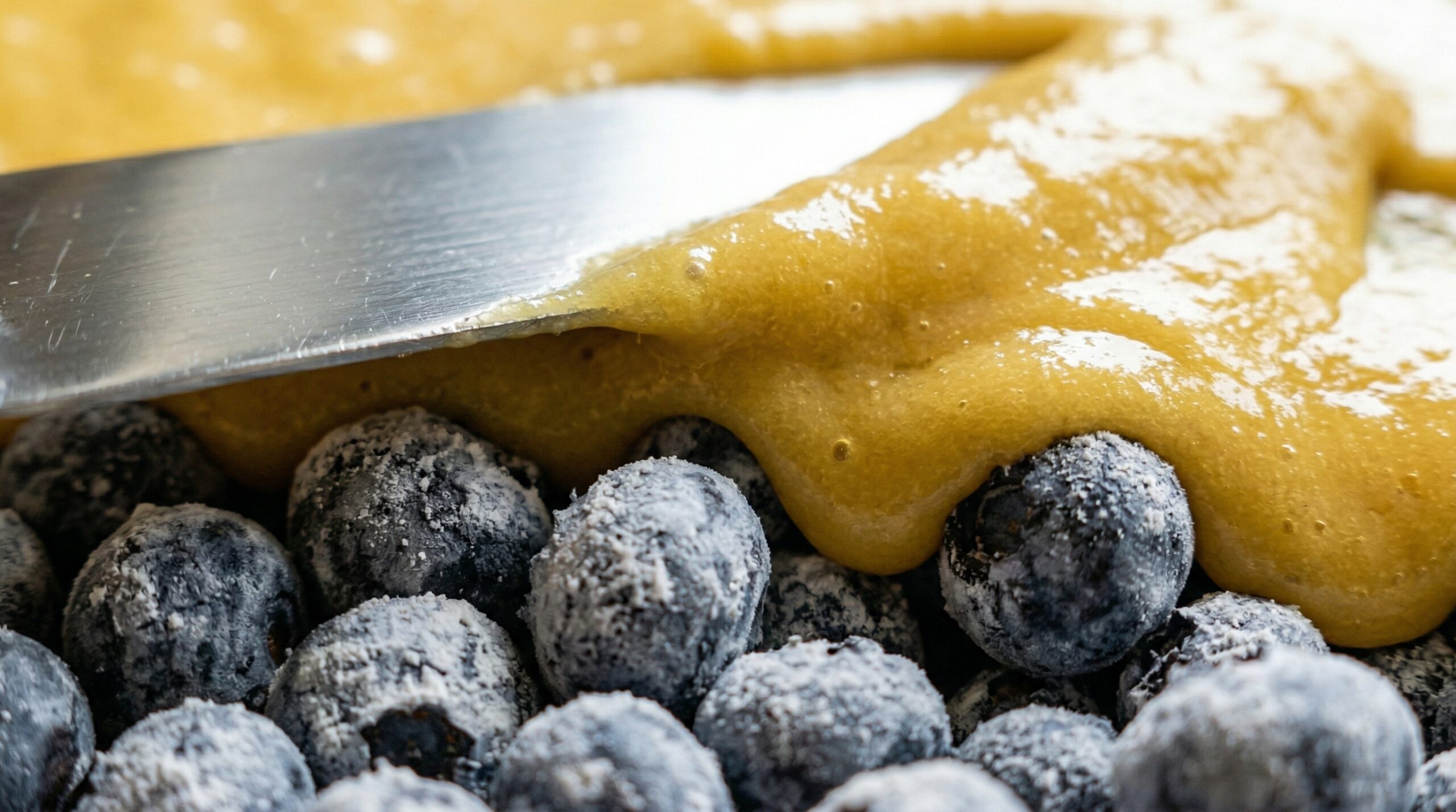 Macro detail of a silver offset spatula spreading a thick, golden batter over a dense layer of fresh, cornstarch-dusted blueberries inside a springform pan