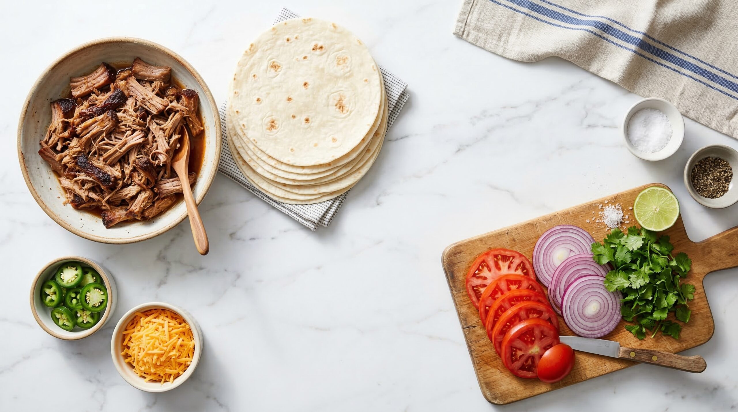 Leftover pulled pork next to fresh flour tortillas, sliced jalapeños, and ingredients for fresh pico de gallo on a marble prep station.