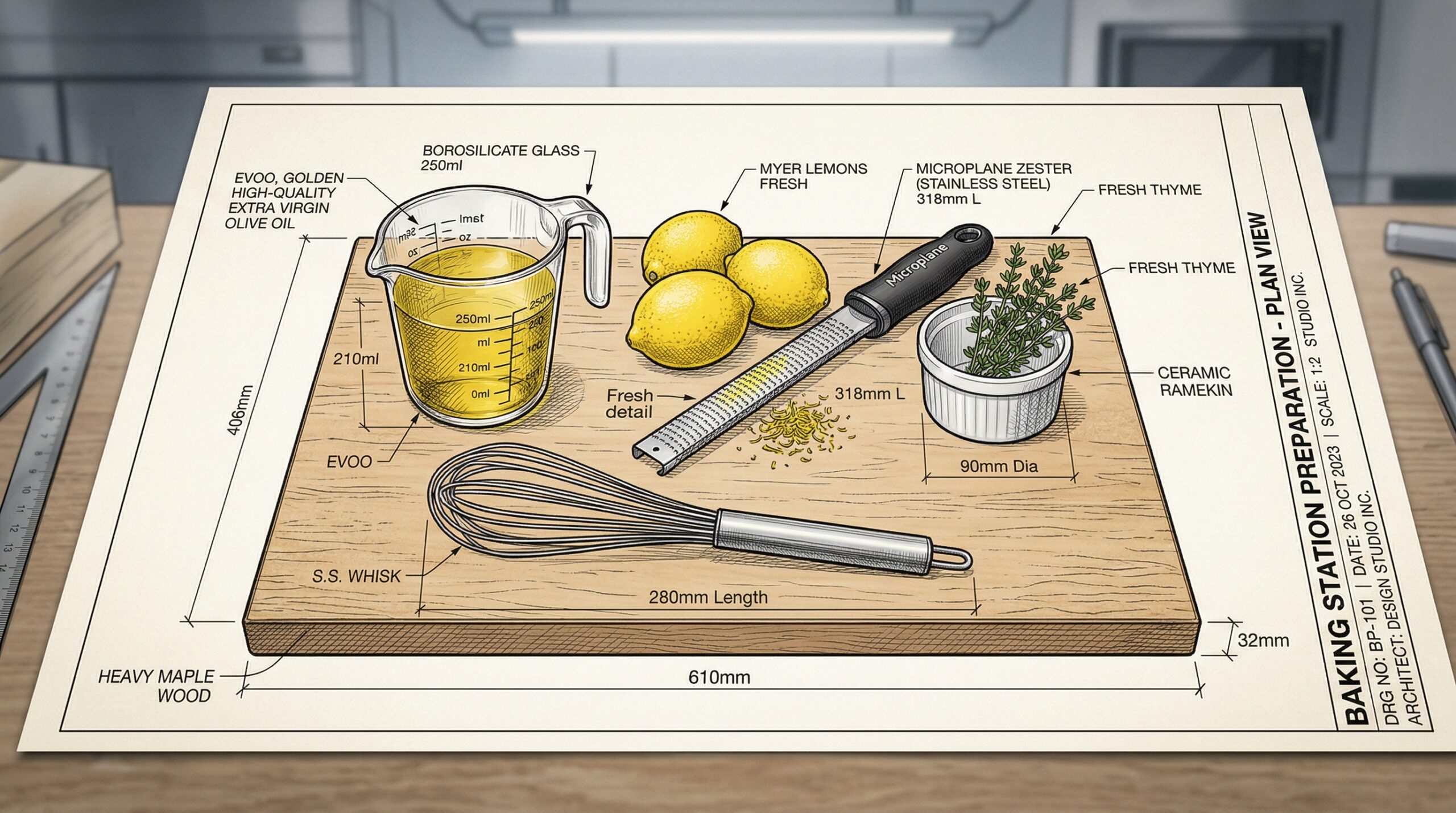 A heavy glass measuring cup filled with golden extra virgin olive oil resting next to a microplane zester, bright yellow Meyer lemons, and fresh thyme sprigs