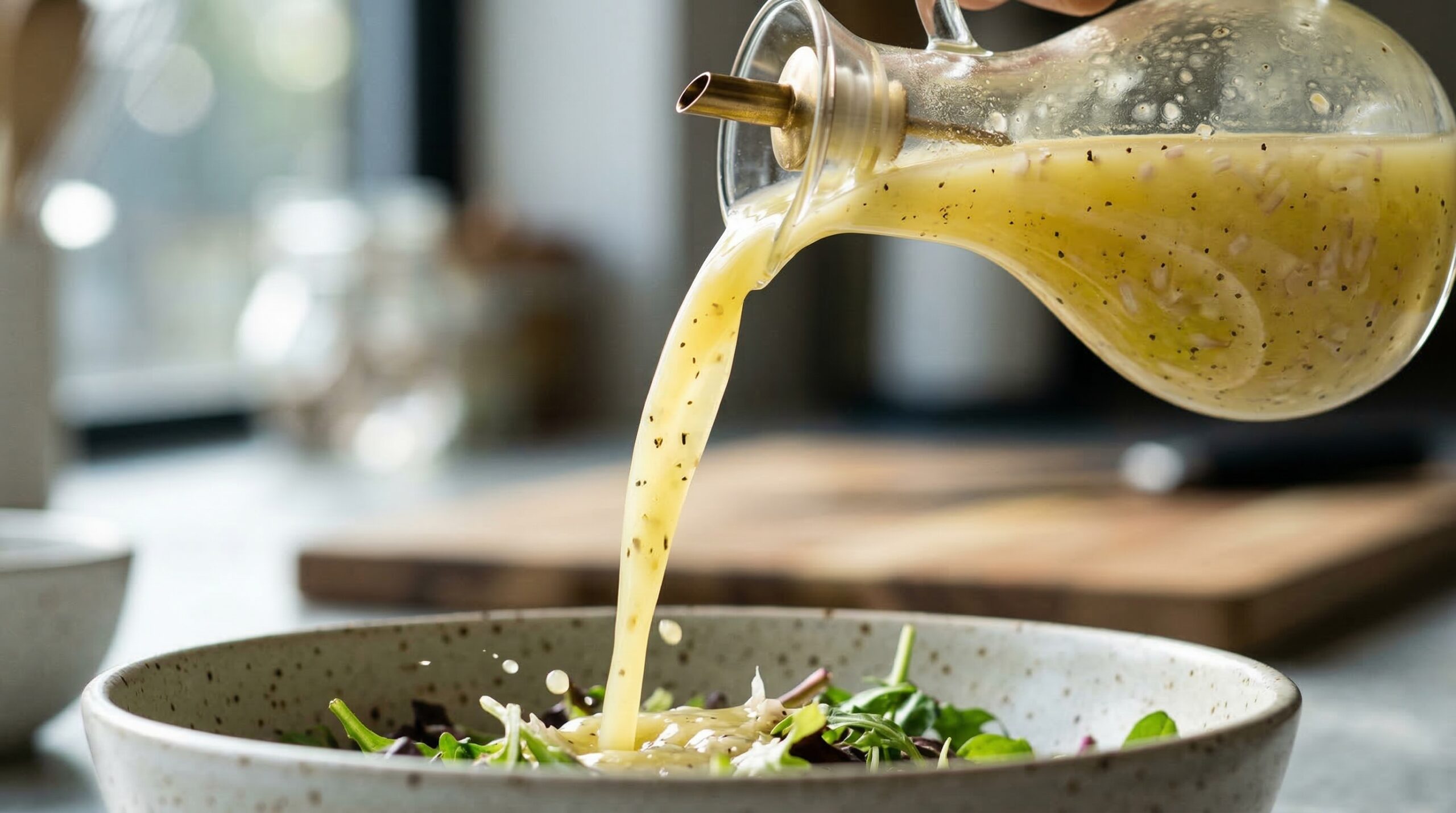 Freshly blended lemon and shallot vinaigrette being poured from a glass cruet.