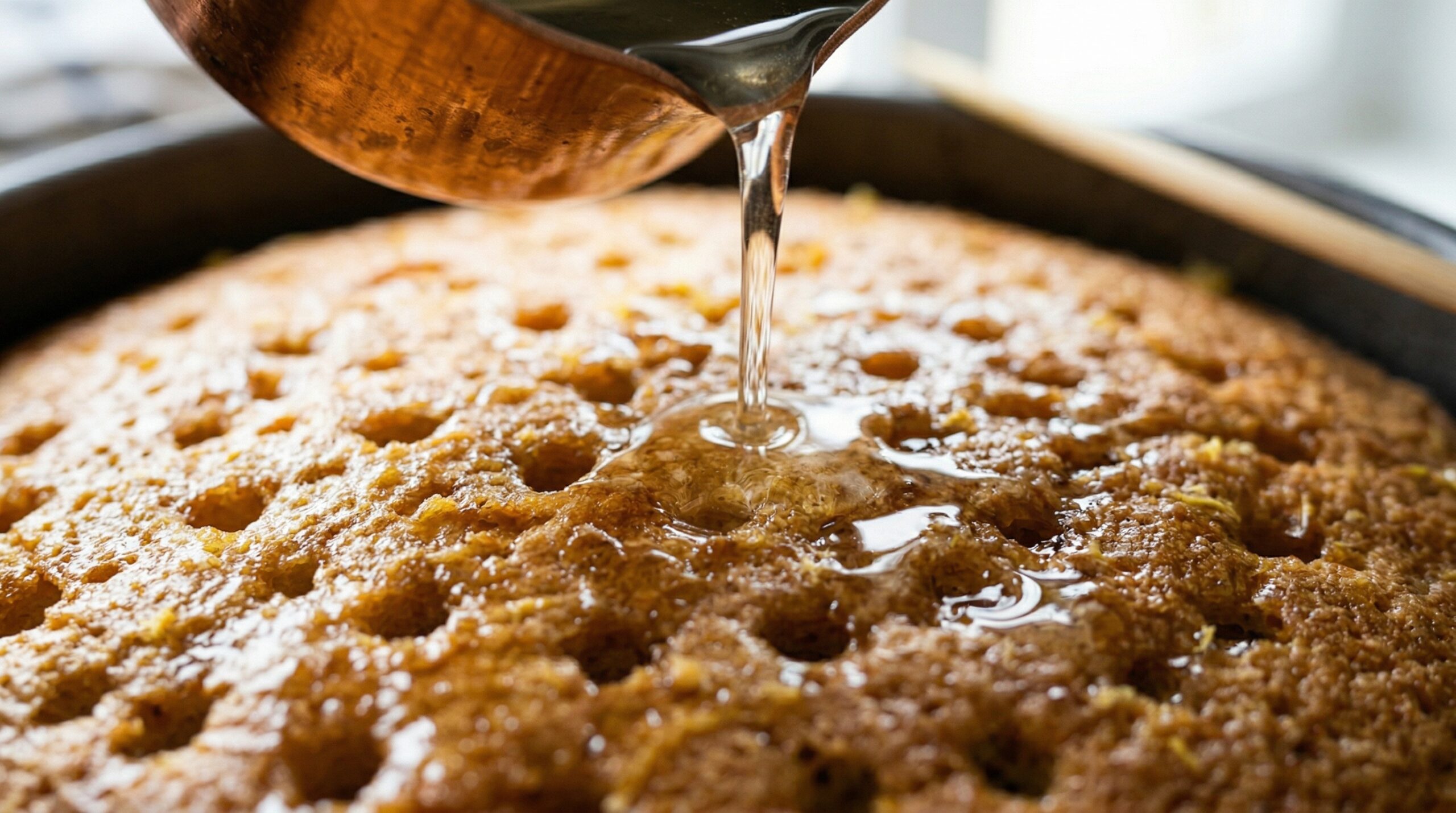 Macro detail of hot, clear lemon simple syrup being poured from a small copper saucepan directly into a pierced, golden-brown baked cake