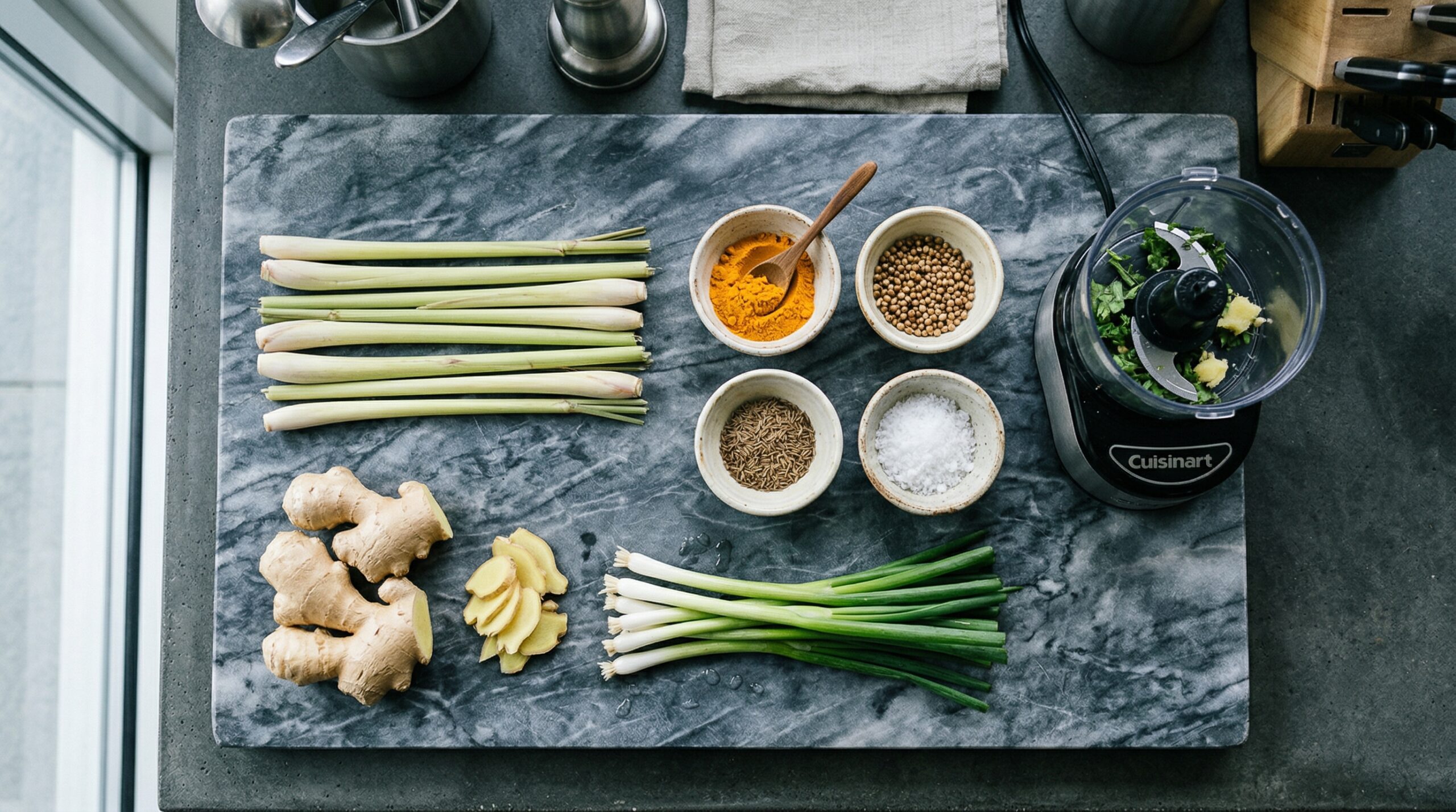 Fresh stalks of lemongrass, peeled ginger, and green onions resting next to small ceramic dishes of turmeric, coriander, and cumin on a heavy marble prep board