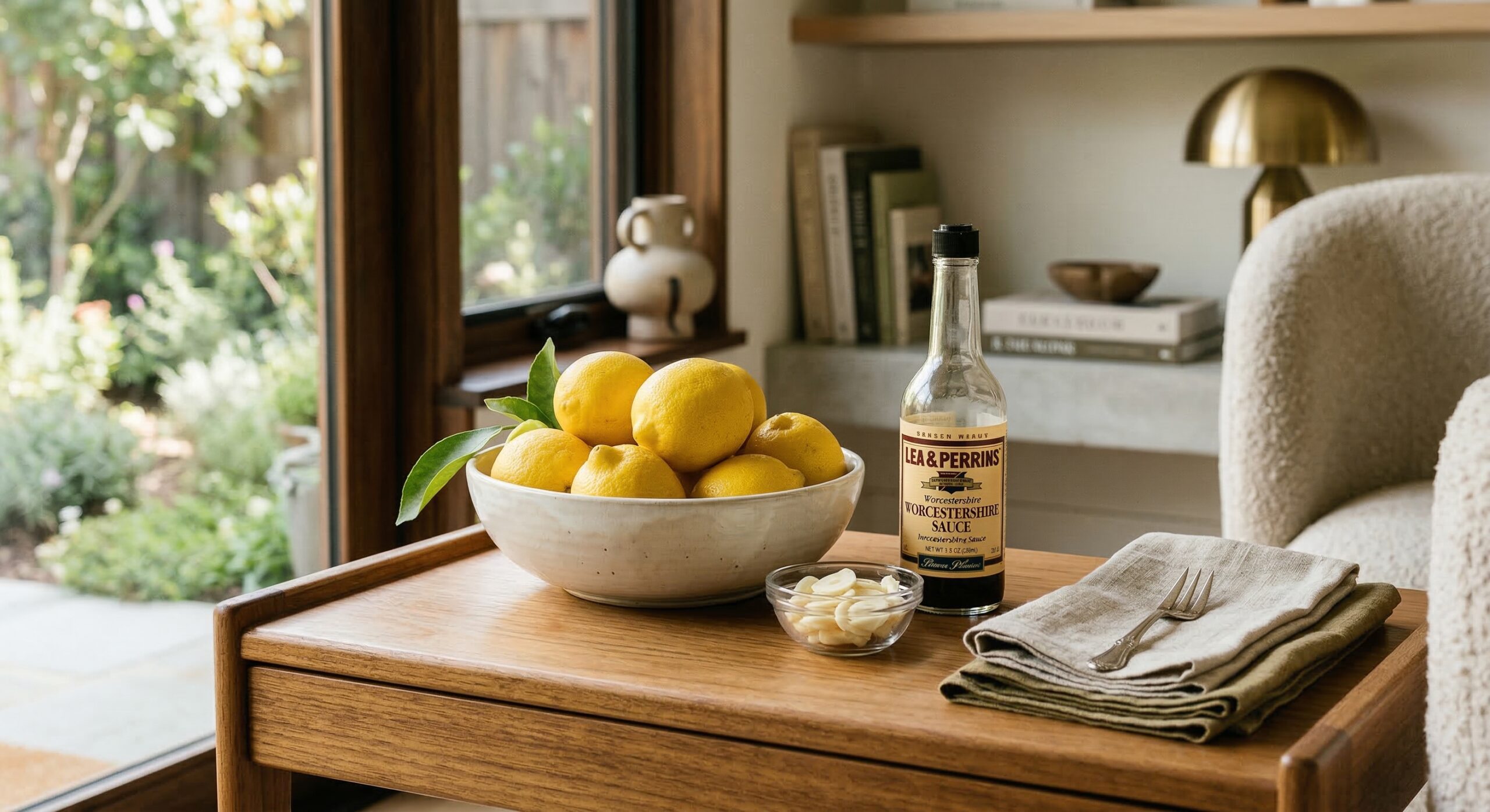 Fresh lemons and sliced garlic on a kitchen counter