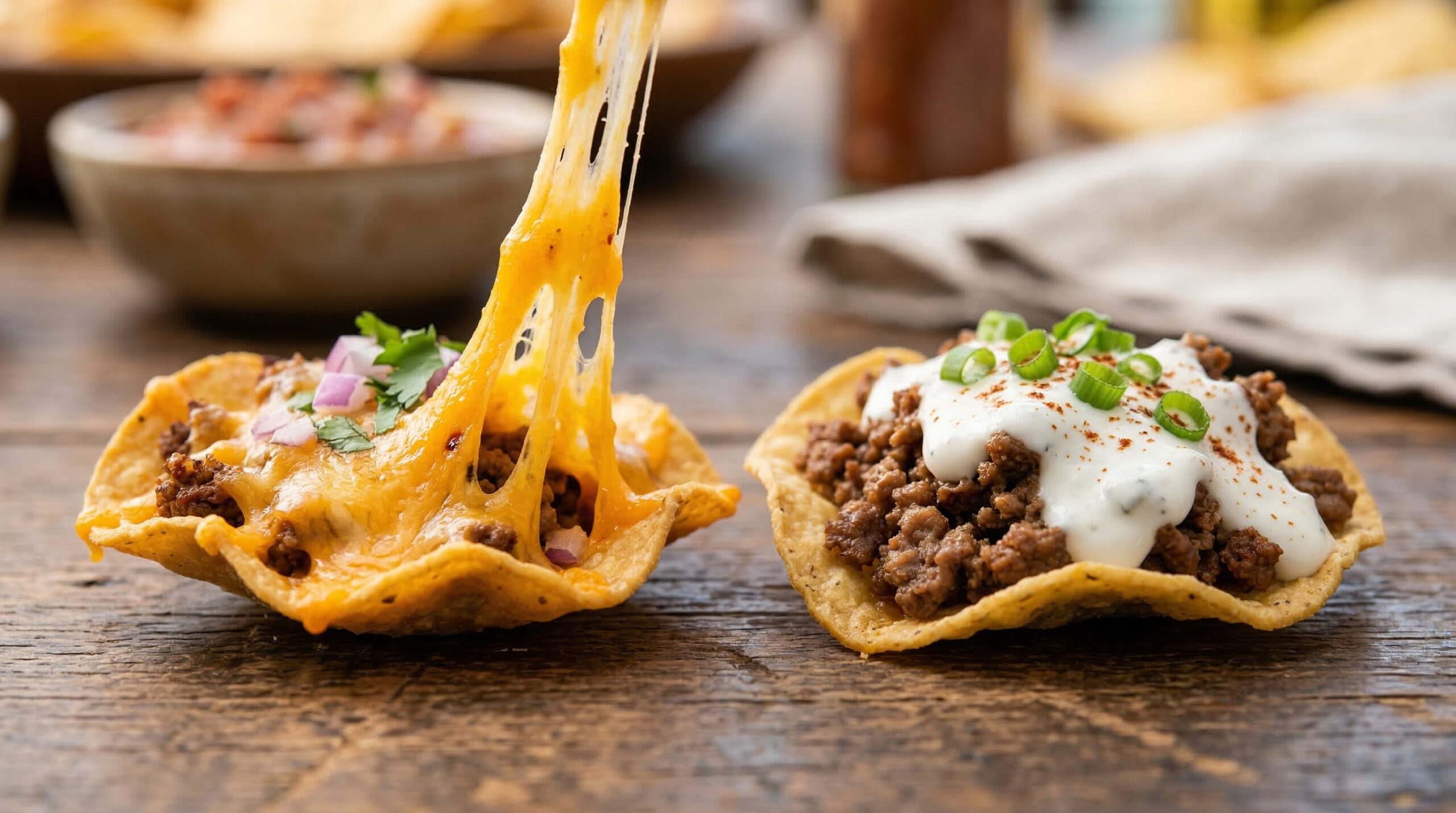 Macro detail shot of perfectly loaded tortilla chips with stretching sharp cheddar and bright white goat cheese sauce