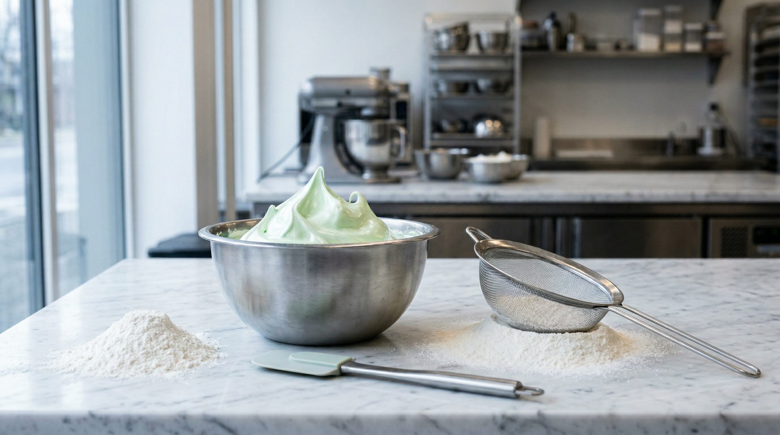 A heavy stainless steel mixing bowl with stiff-peaked egg white meringue resting next to a fine-mesh sieve and ultra-fine almond flour