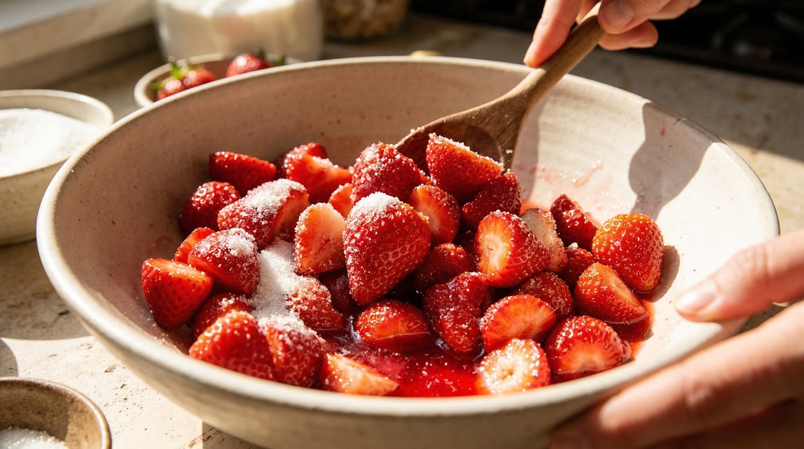 Macerated strawberries pooling natural ruby syrup in a ceramic prep bowl