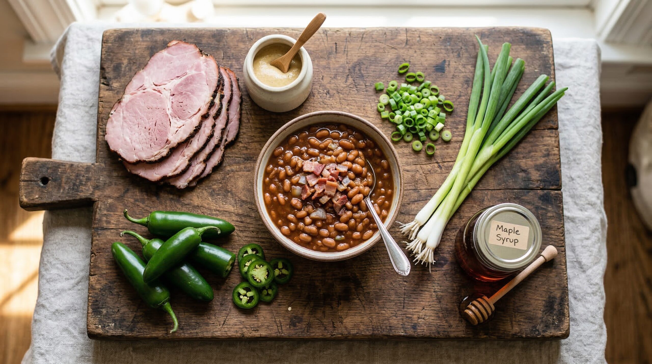 Southern breakfast preparation including thick deli ham, beans, jalapeños, and maple-mustard butter