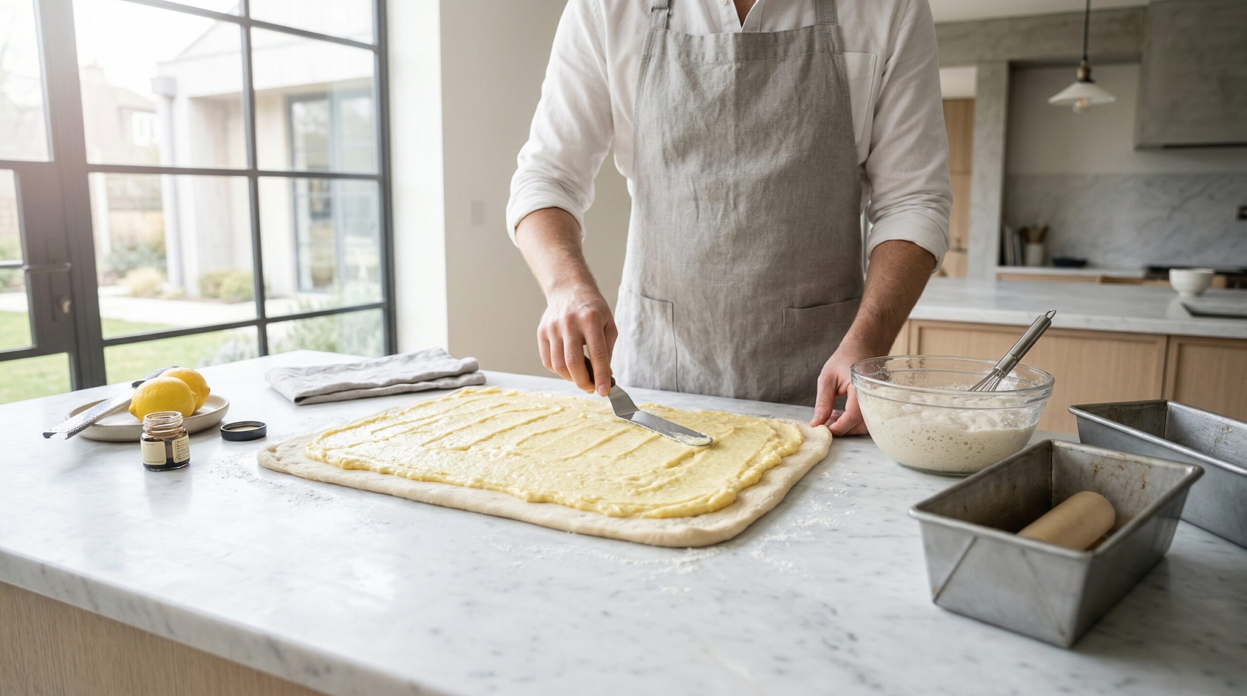 Technical preparation of the lemon cream cheese filling being spread on supple yeast dough